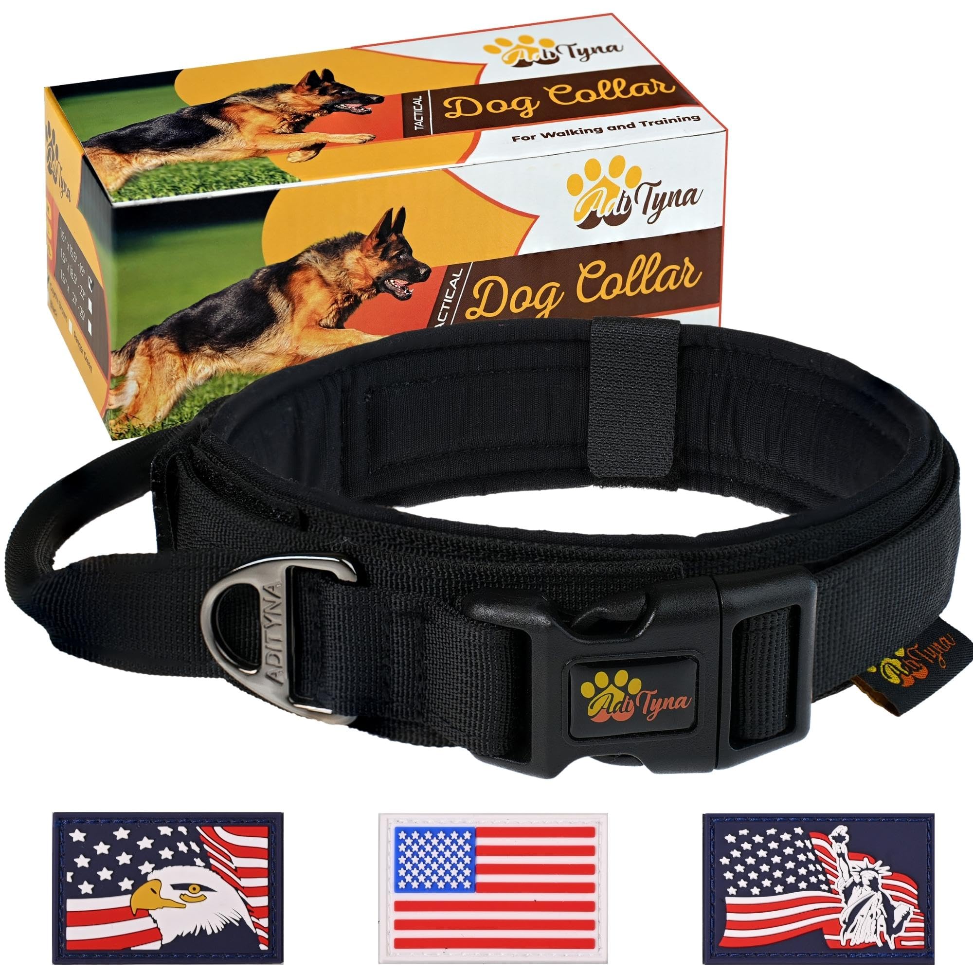 Adityna Tactical Dog Collar For Medium Dogs - Soft Padded, Heavy Duty, Service, Adjustable, Military, K9 Black Medium Collar Wit