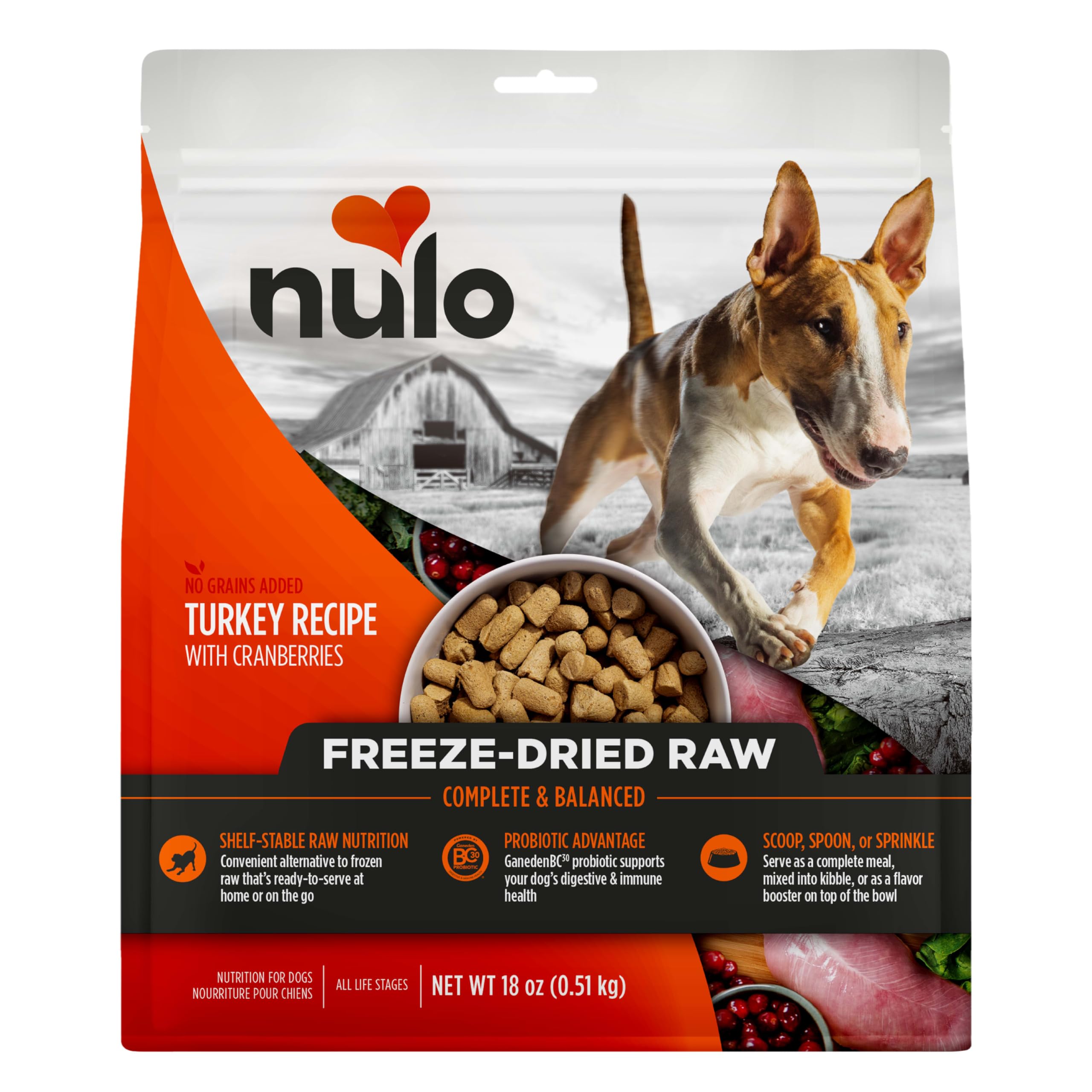 Nulo Freeze-Dried Raw Turkey Recipe with Cranberries Complete and Balanced Dry Dog Food Kibble, 18 Ounce Bag