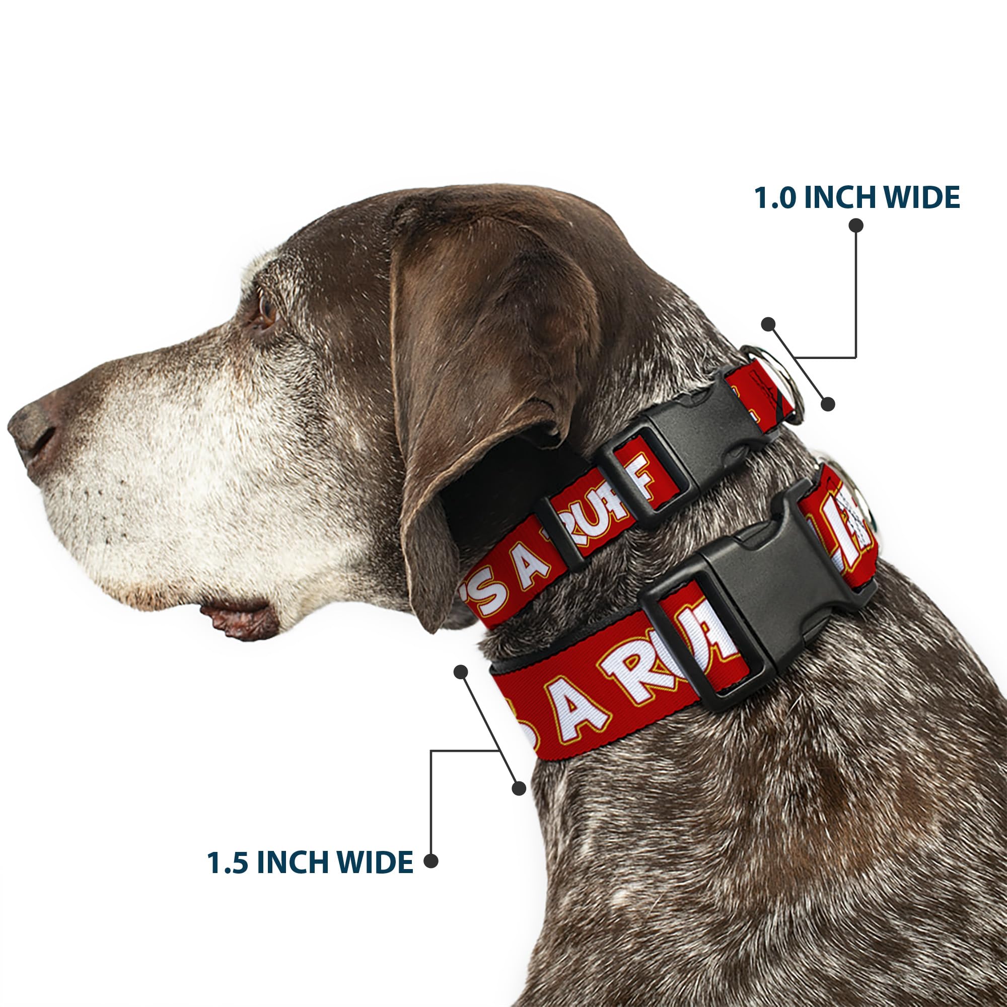 Dog Collar Plastic Clip Pluto 2 Pose Its A Ruff Life Red Yellow White 18 to 32 Inches 1.5 Inch Wide