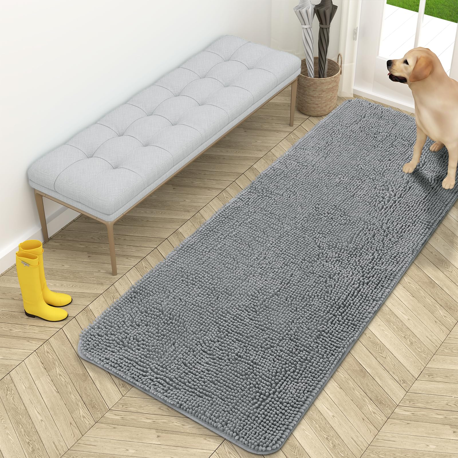 OLANLY Dog Door Mat for Muddy Paws 59x24, Absorbs Moisture and Dirt, Absorbent Non-Slip Washable Doormat, Quick Dry Chenille Mud
