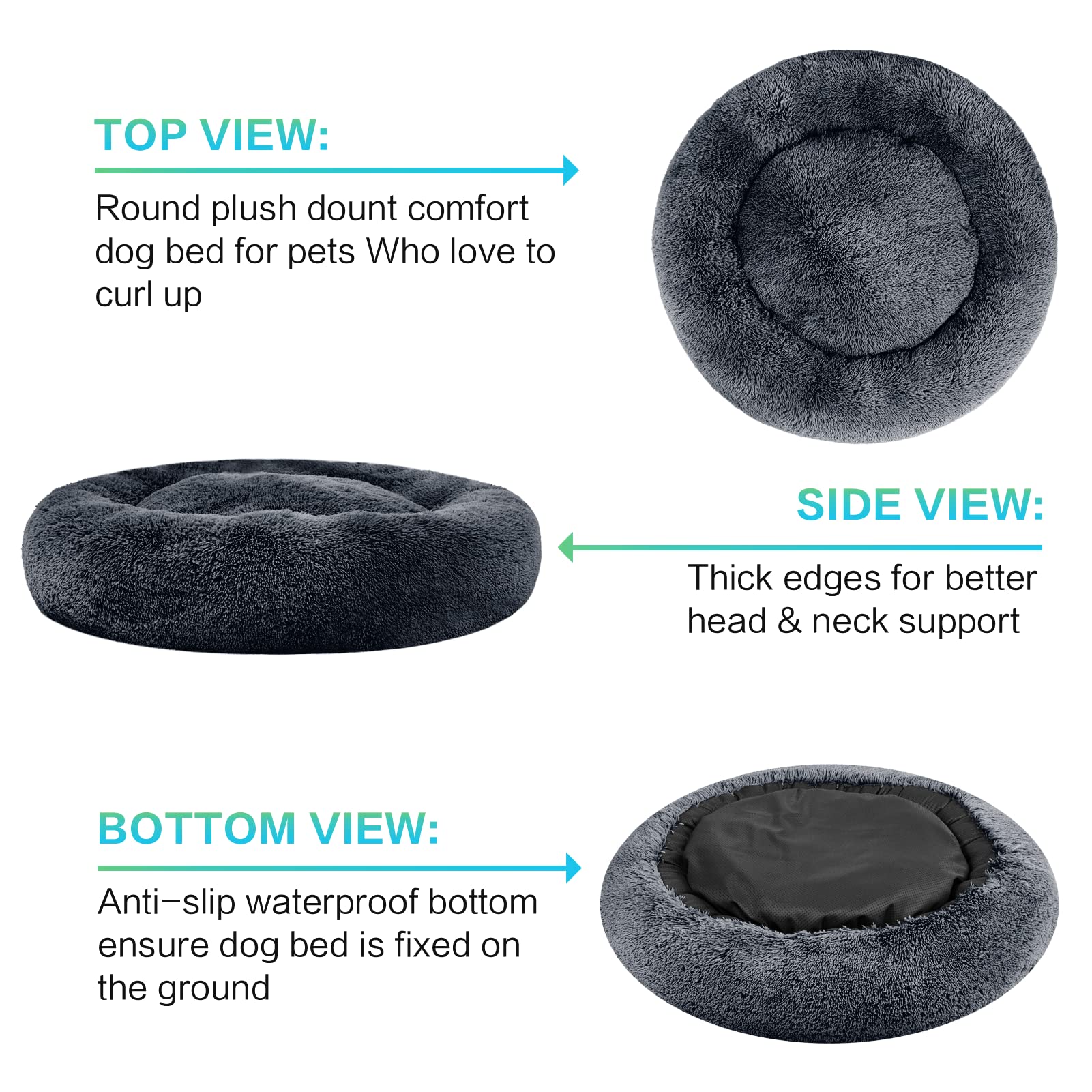 SAVFOX Plush Donut Dog Bed, X-Large 45"x45", Dark Grey Faux Fur, Washable Cuddler Bed for Small to Large Dogs and Cats