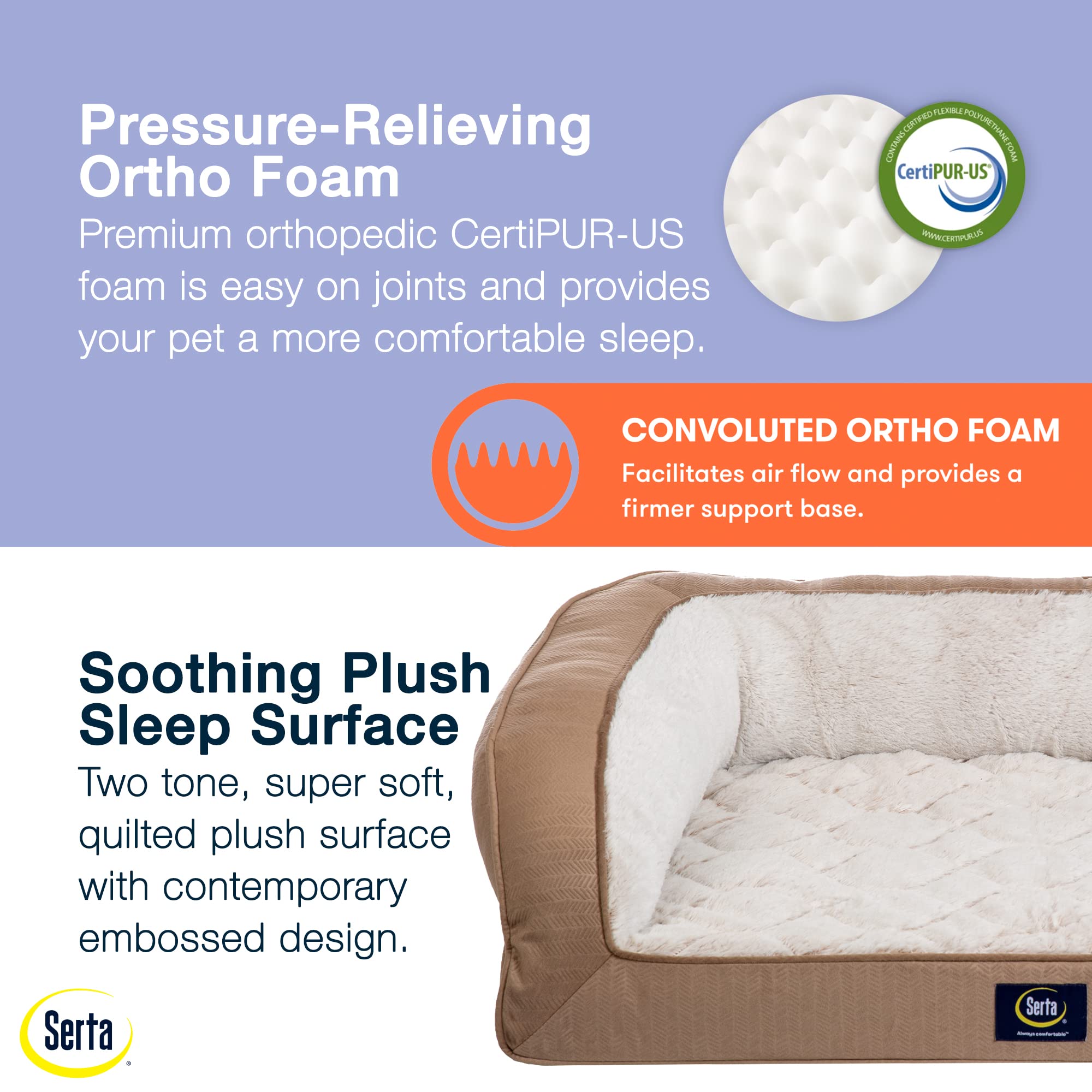 Serta Orthopedic Quilted Couch Dog Bed For Pets - Desert Sand (Large)