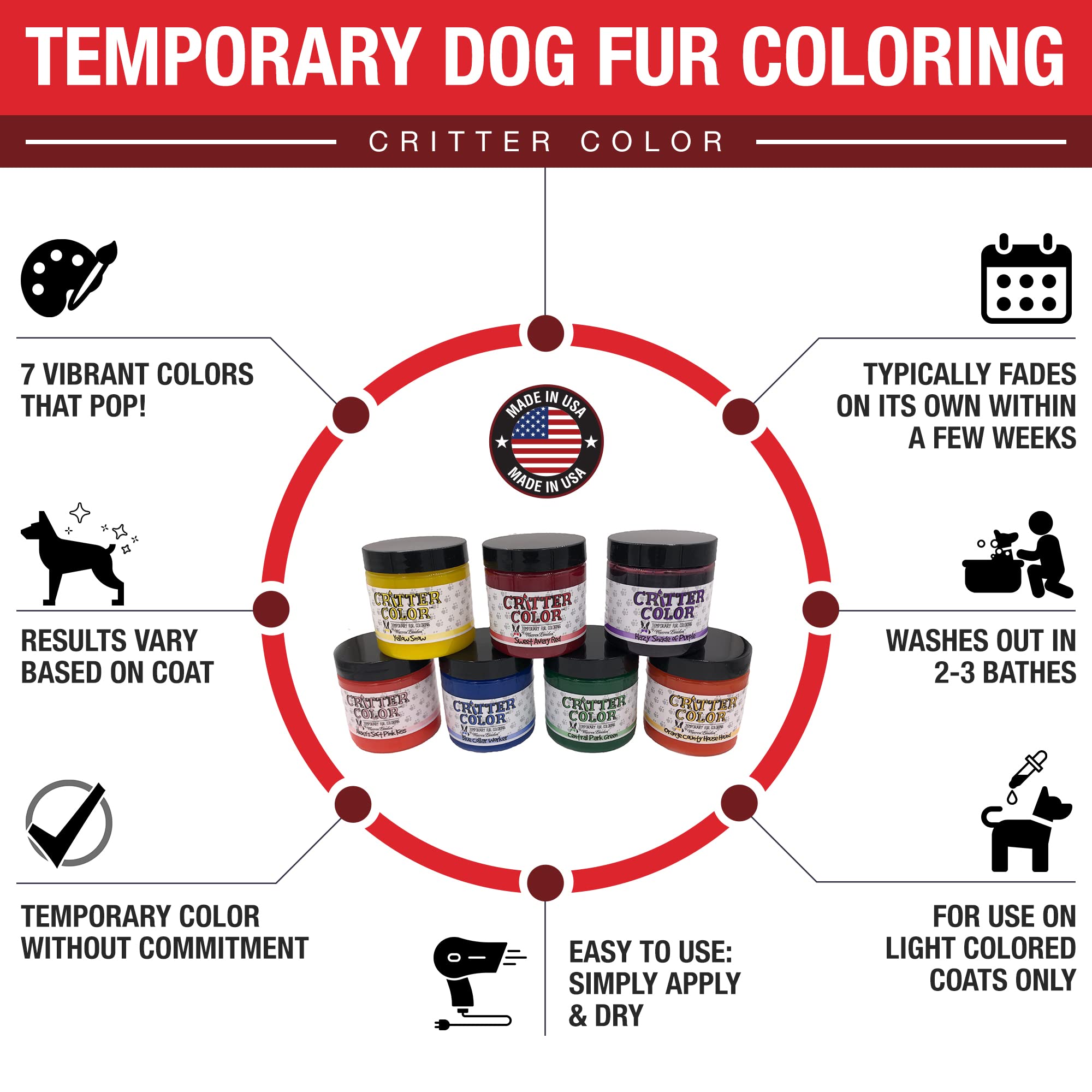 Critter Color Temporary Pet Fur Coloring- Warren London- Easy To Use- 7 Colors- Made in USA- Red