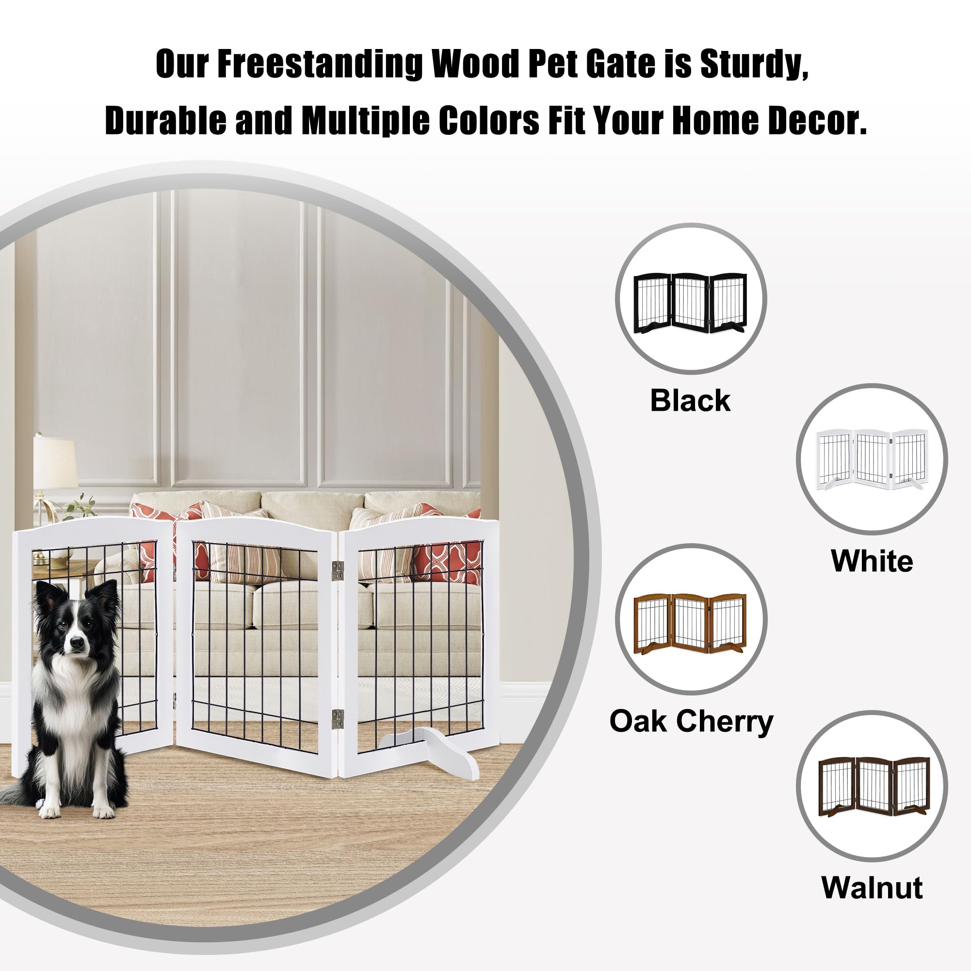 Lzrs 3-Panel Freestanding Adjustable Wooden Dog Gate-30'' Tall Foldable Pet Barrier With Support Feet, Chew-Resistant Solid Hard