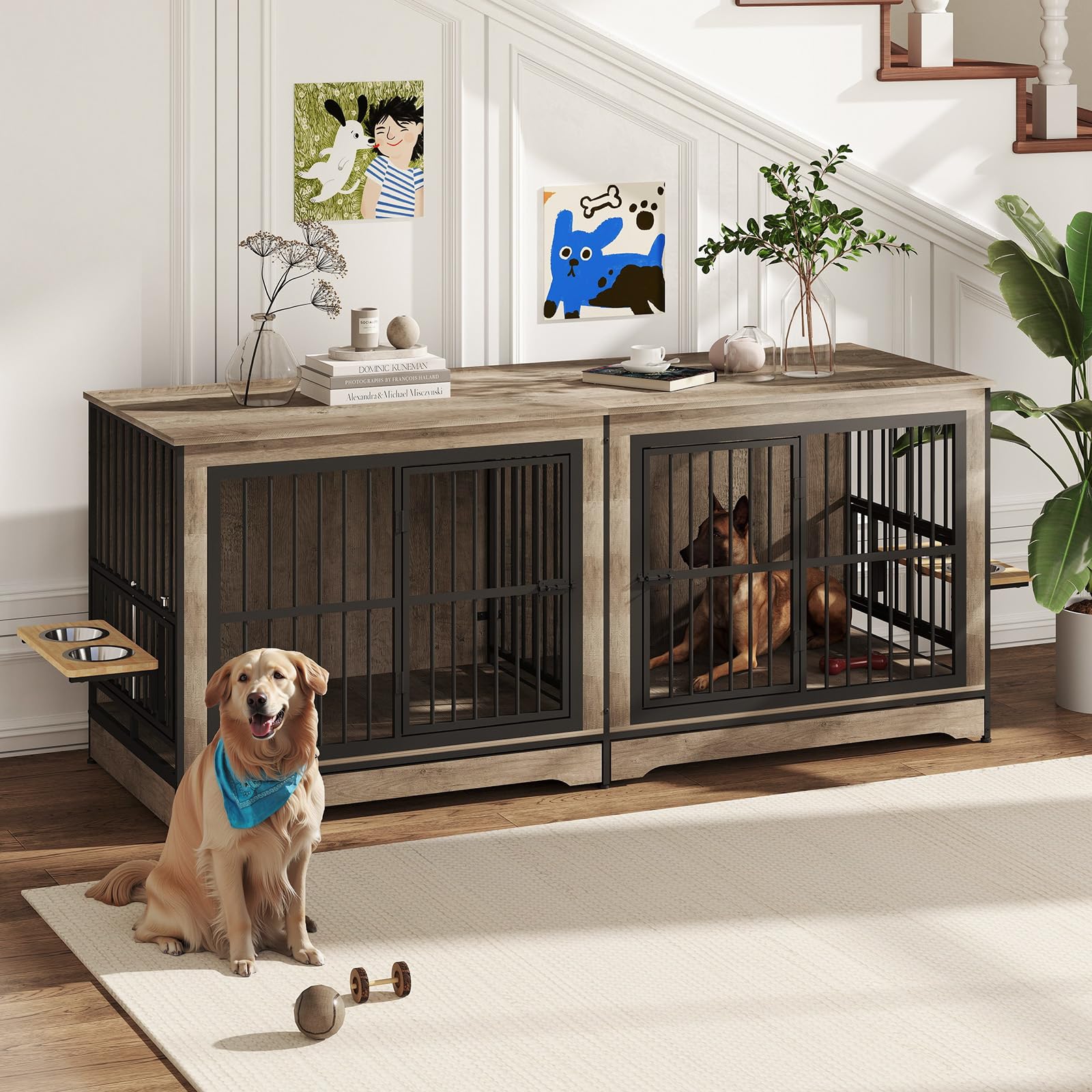 Yafylly 78 Double Dog Crate Furniture for 2 Dogs, Wooden Large Dog Kennel with 360 Rotating Adjustable Feeder & 4 Bowls, Removab