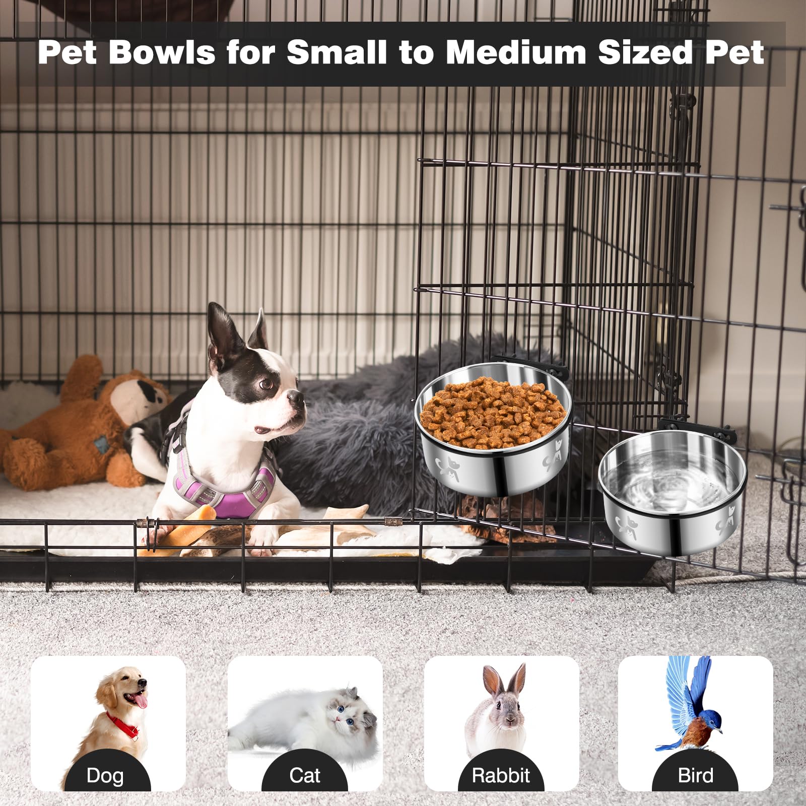 Dog Crate Water Bowl No Spill, Dog Crate Bowls Hanging 2 Pack, Kennel Water Bowl Mountable, Stainless Steel Coop Cup, Pet Cage A