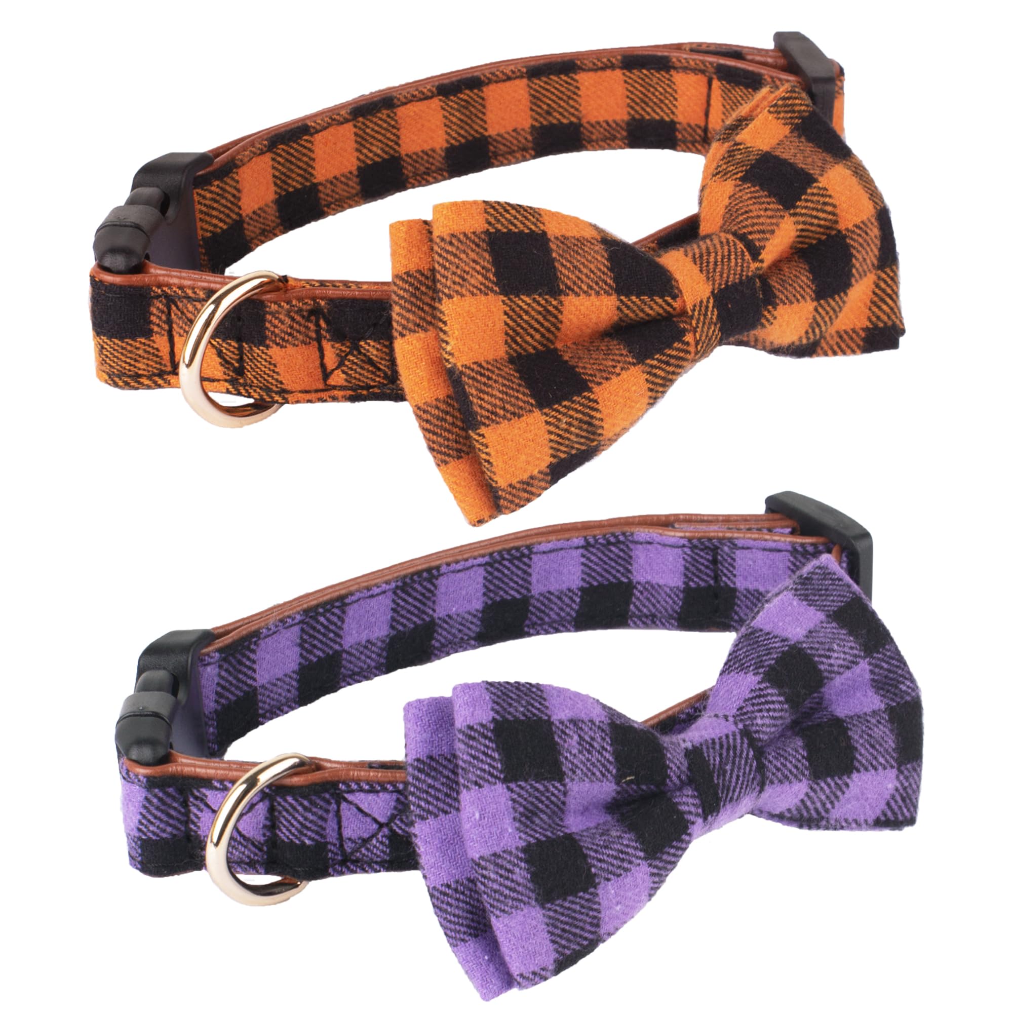 Adoggygo Halloween Dog Collar With Bow, Adjustable Plaid Dog Collars With Removable Bowtie Orange Purple Plaid Halloween Collars For Small Dogs Pets (Small, Orange&Purple)