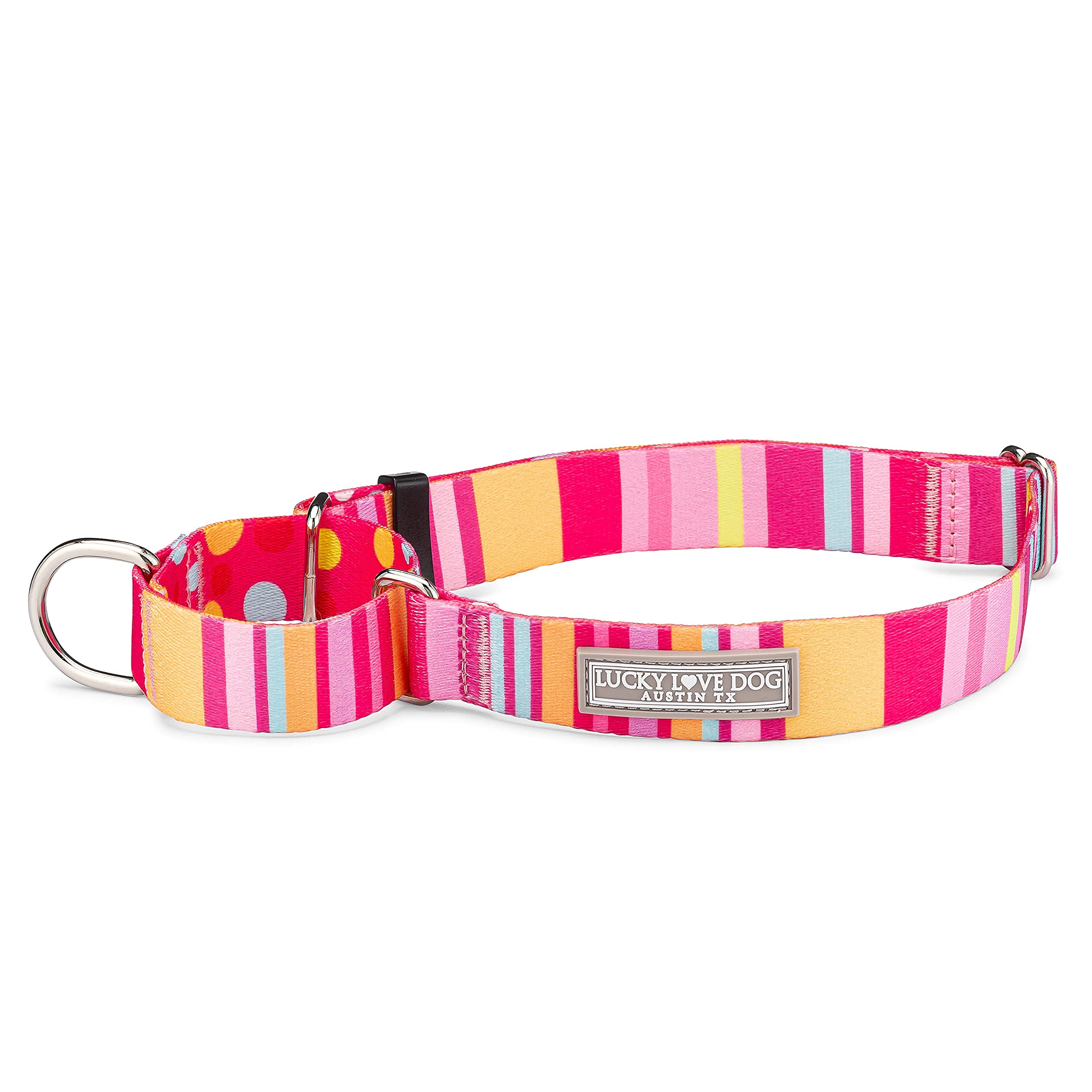 Lucky Love Dog, Colorful Stripes Martingale Dog Collar, Yellow, Pink, Blue Color No Slip Dog Collar - (Large, Molly Martingale)