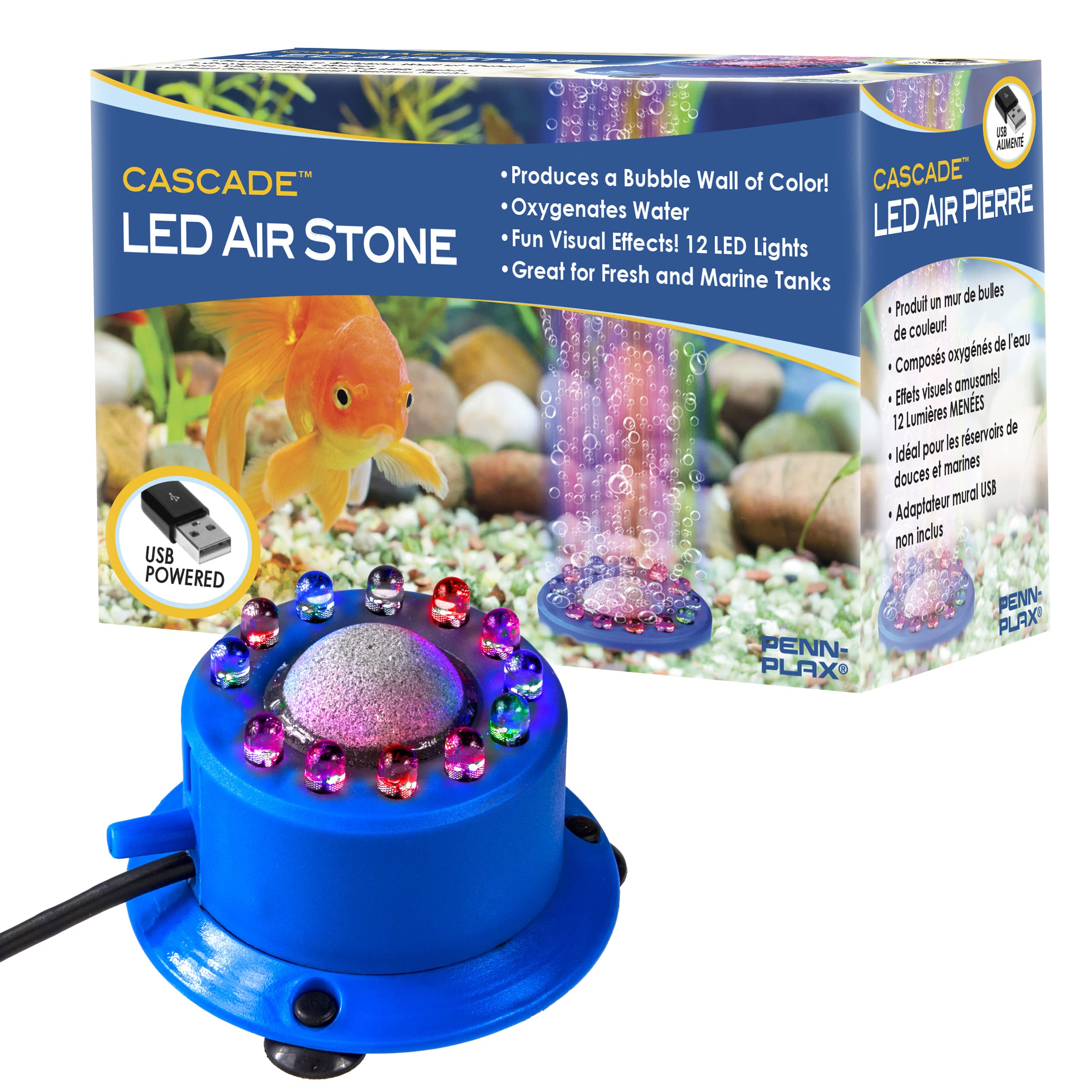 Penn-Plax Cascade Multi-Colored Rainbow LED Air Stone - Great Bubbler for Freshwater & Saltwater Aquariums - 2.5    Diameter