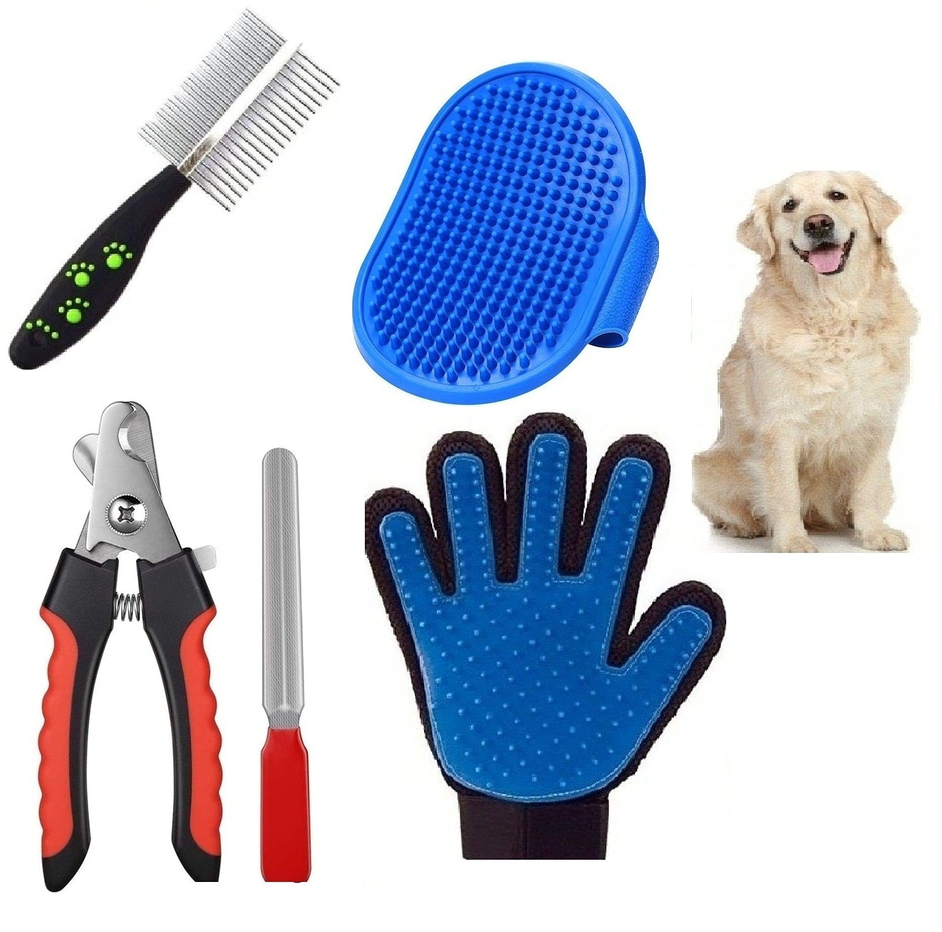 Psk Pet Mart (Combo Of 4) Imported Pet Gloves + Nail Clipper + Hair Comb + Bath Gloves Grooming Kit For All Pets Dog, Cat, Rabbi