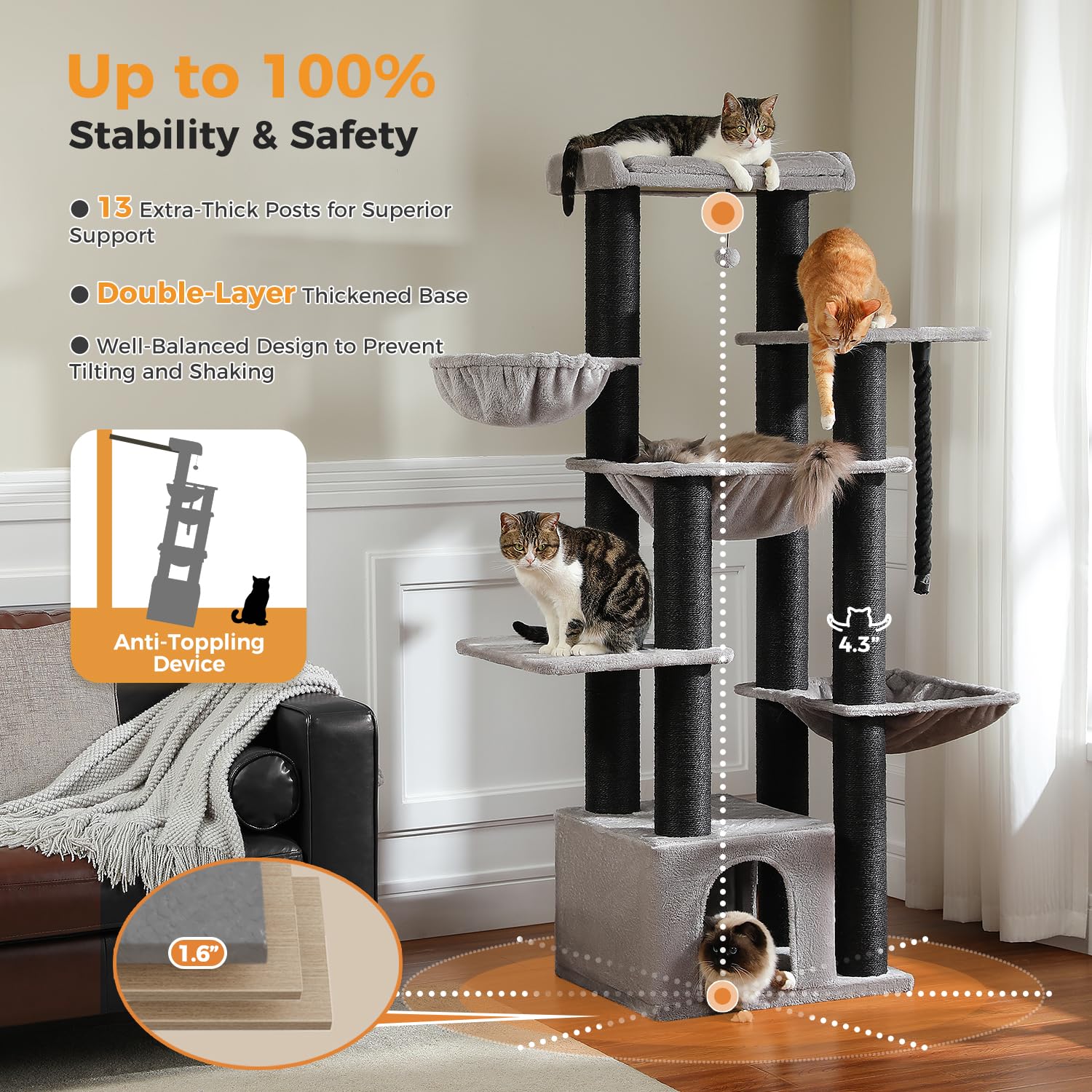Muttros Large Cat Tree-67In Tall Cat Tower For Indoor Cats Large Adult With 13 Thick Black Scratching Posts (F4.3In), Multi- Lev