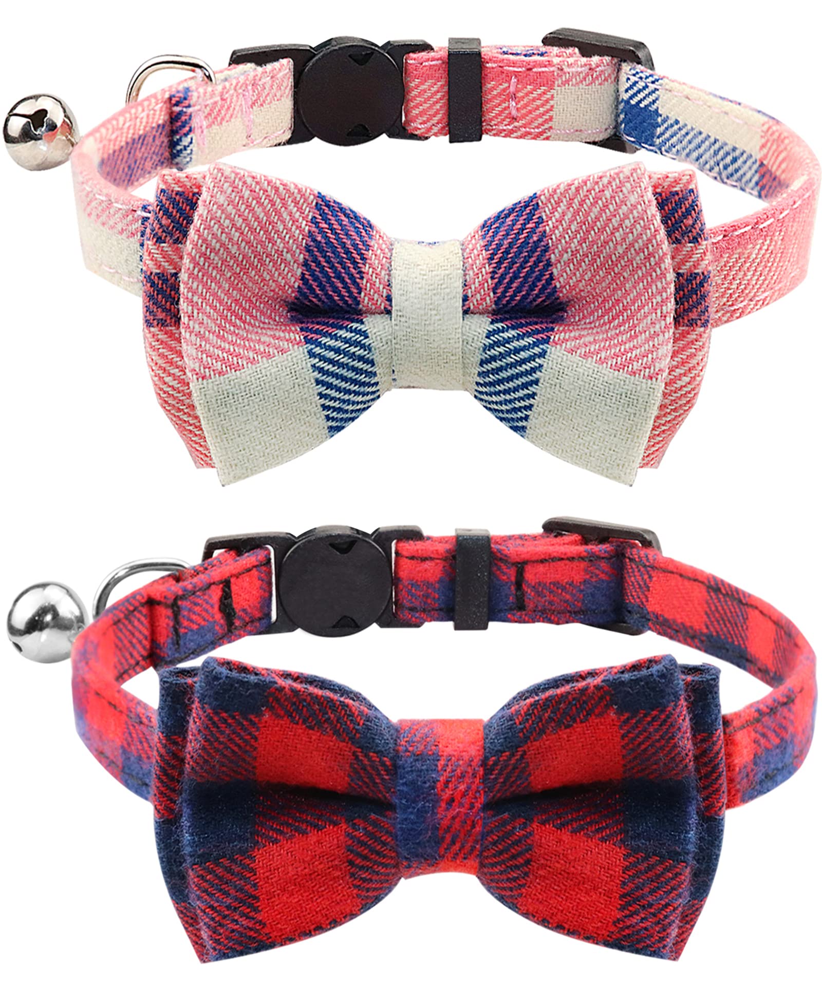 Joytale Upgraded Cat Collar With Bells, Breakaway Cat Collars With Bow Tie, 2 Pack Girl Boy Safety Plaid Kitten Collars, Pink+Re