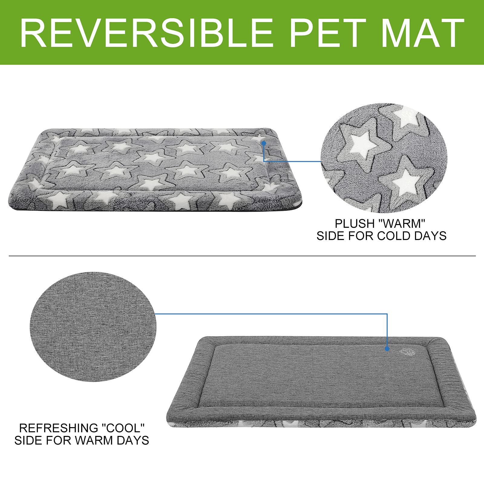 Empsign Dog Bed Mat Dog Crate Pad Reversible (Cool & Warm), Machine Washable Dog Crate Mat, Kennel Pad For Dog Sleeping Mattress For Large Medium Small Dogs, Grey