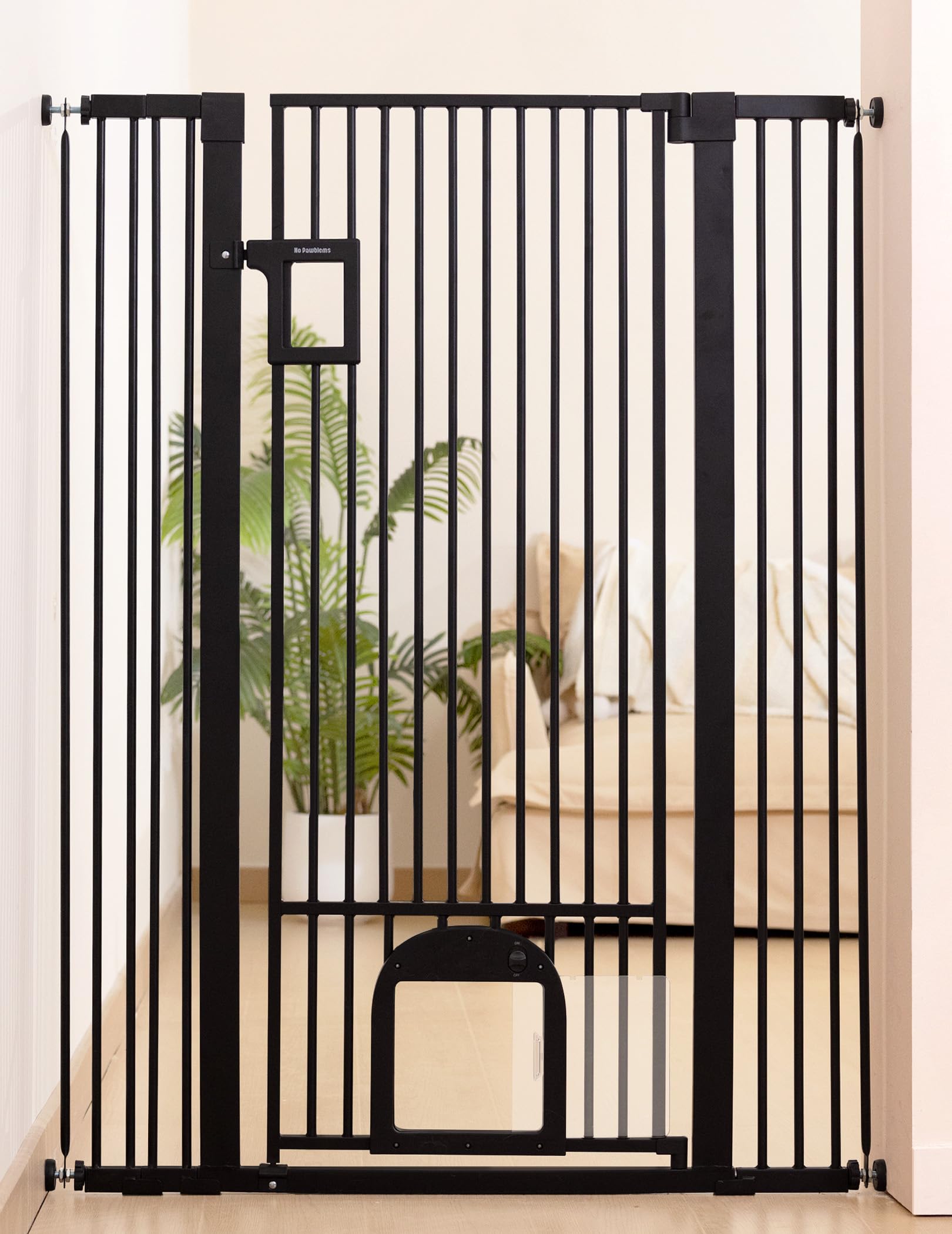 No Pawblems 55 Extra Tall Pet Gate with Adjustable Cat Door, 29-43 Auto Close Dog Gate, NO Drilling Pressure Mounted for Doorway