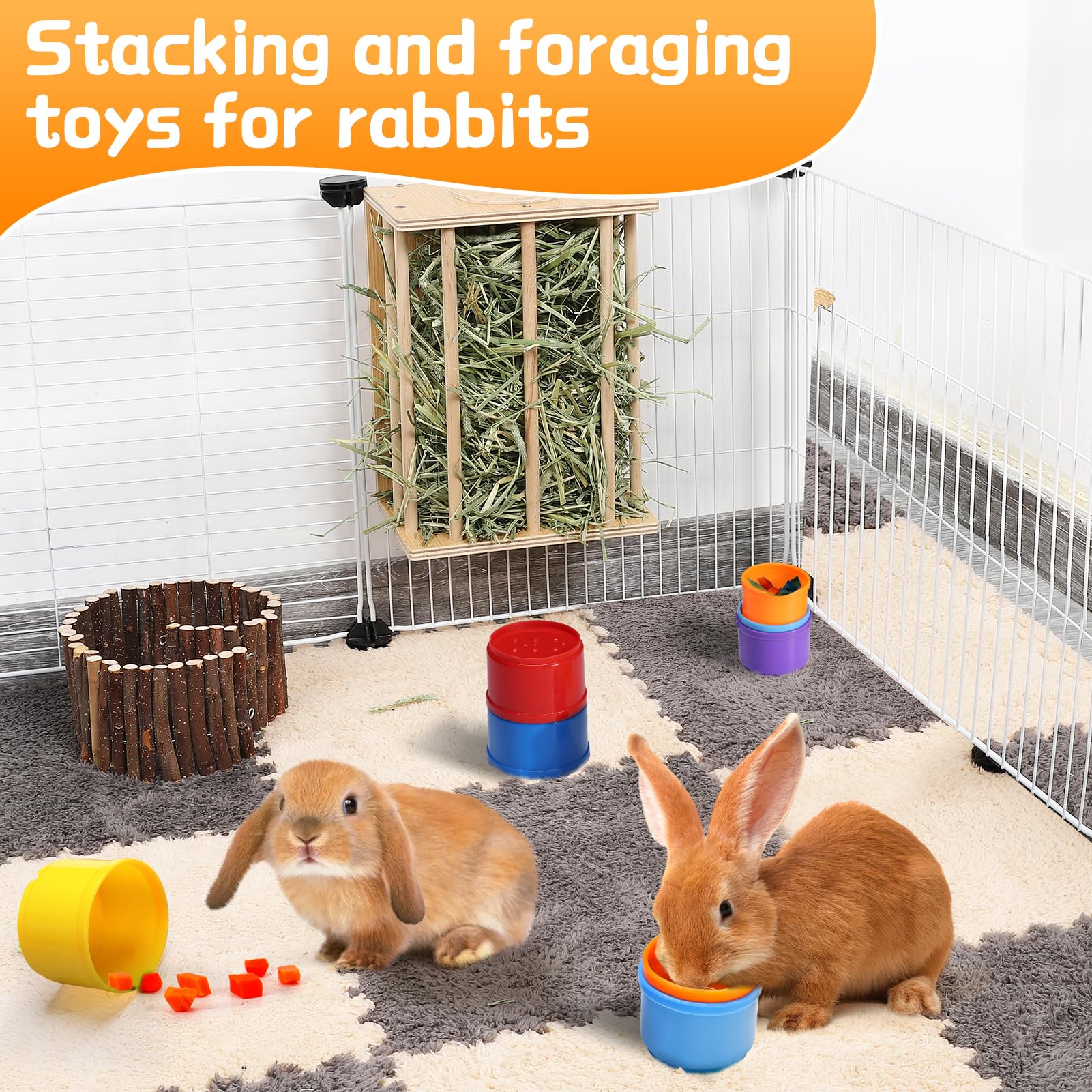 Mewtogo 8 Pcs Stacking Cups For Rabbits - Safe Reusable Bunny Toys In Different Sizes, Durable Rainbow Colored Nesting Toys For
