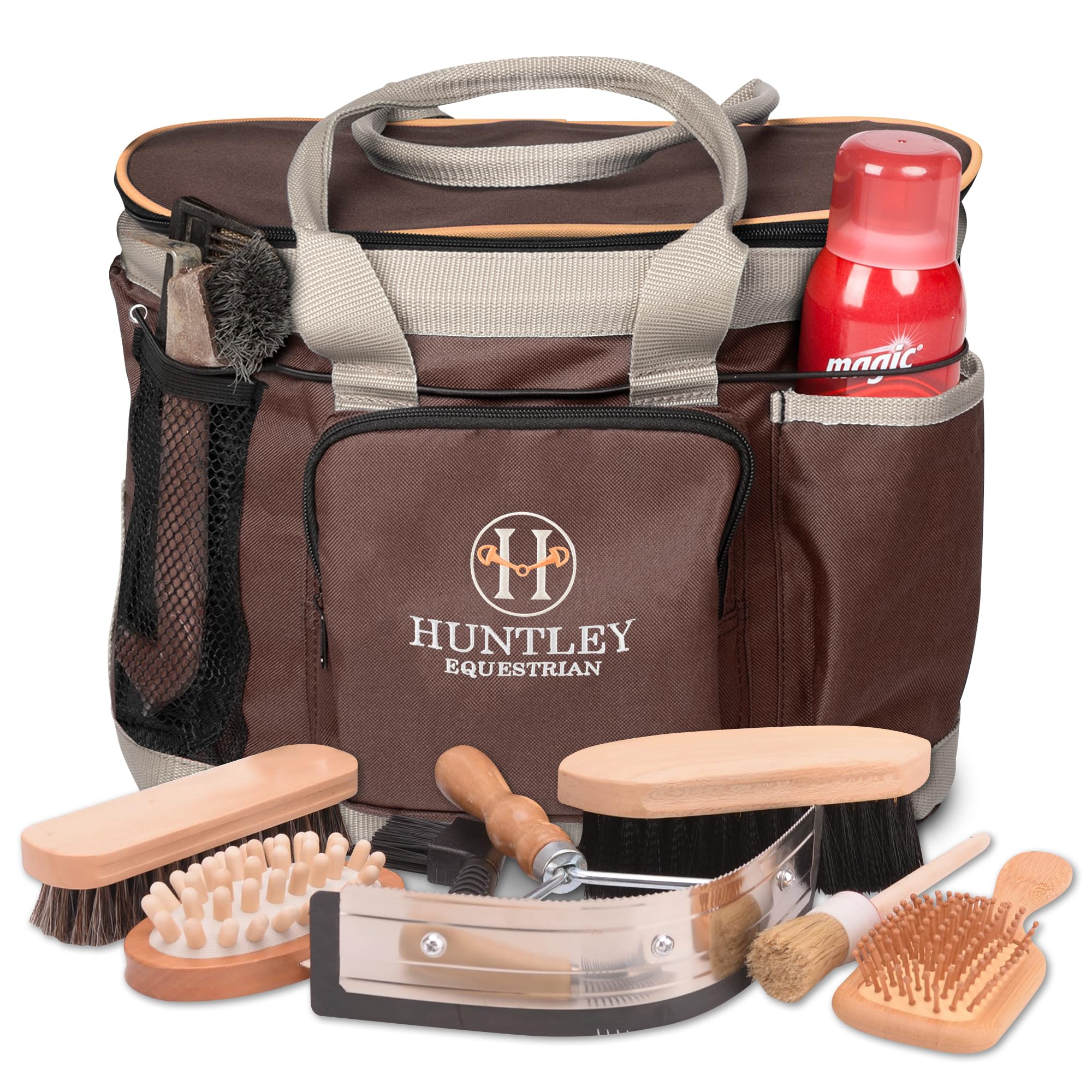 Huntley Equestrian Deluxe Grooming Bag Perfectly Designed Easy Access Multi Pocket Zipper Top Closure Double Handles Shoulder Strap Exterior Pockets - Brown