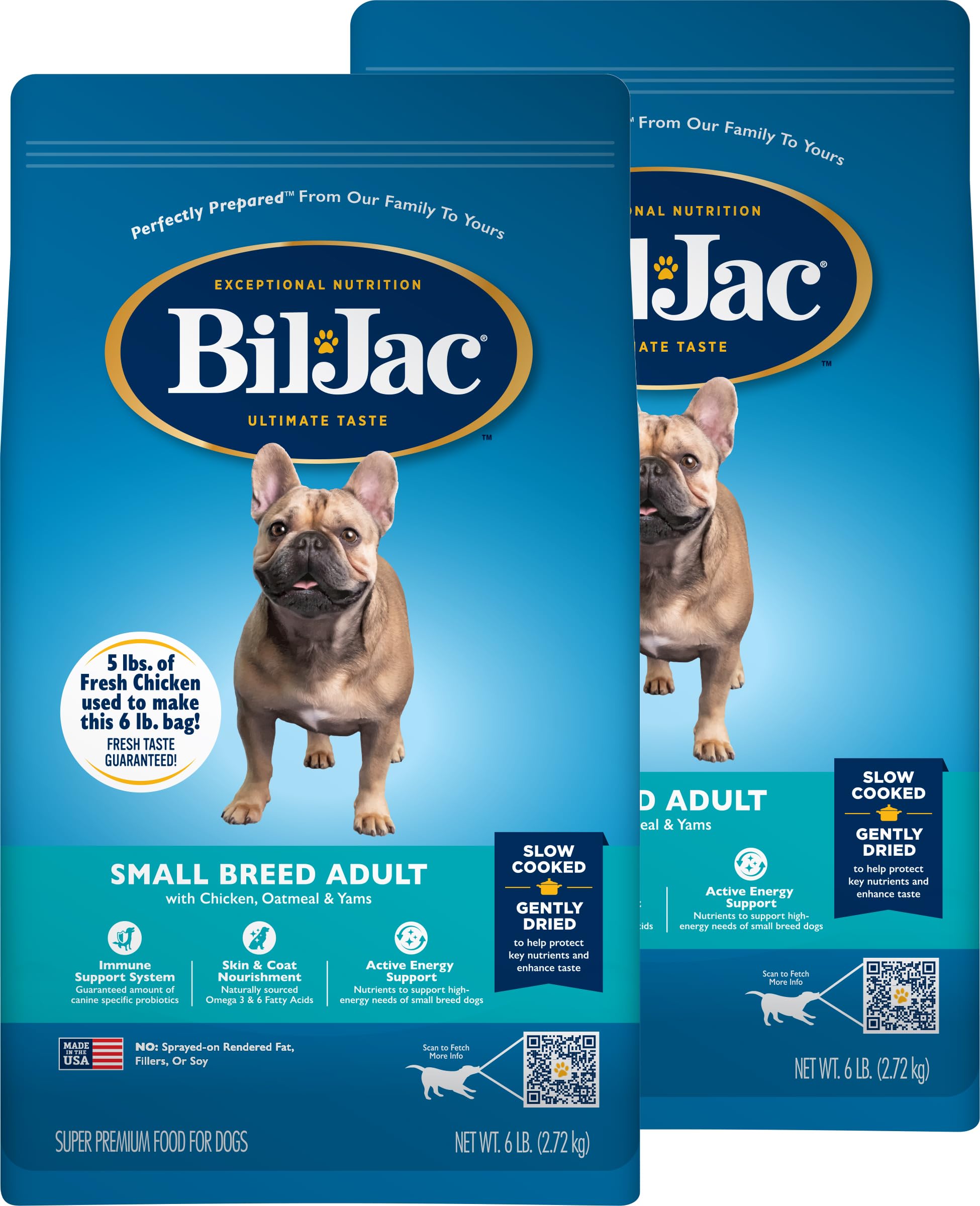 Bil-Jac Dry Dog Food Small Breed Adult Formula 6lb Bag (2-Pack) - Chicken, Oatmeal & Yams - Super Premium Since 1948