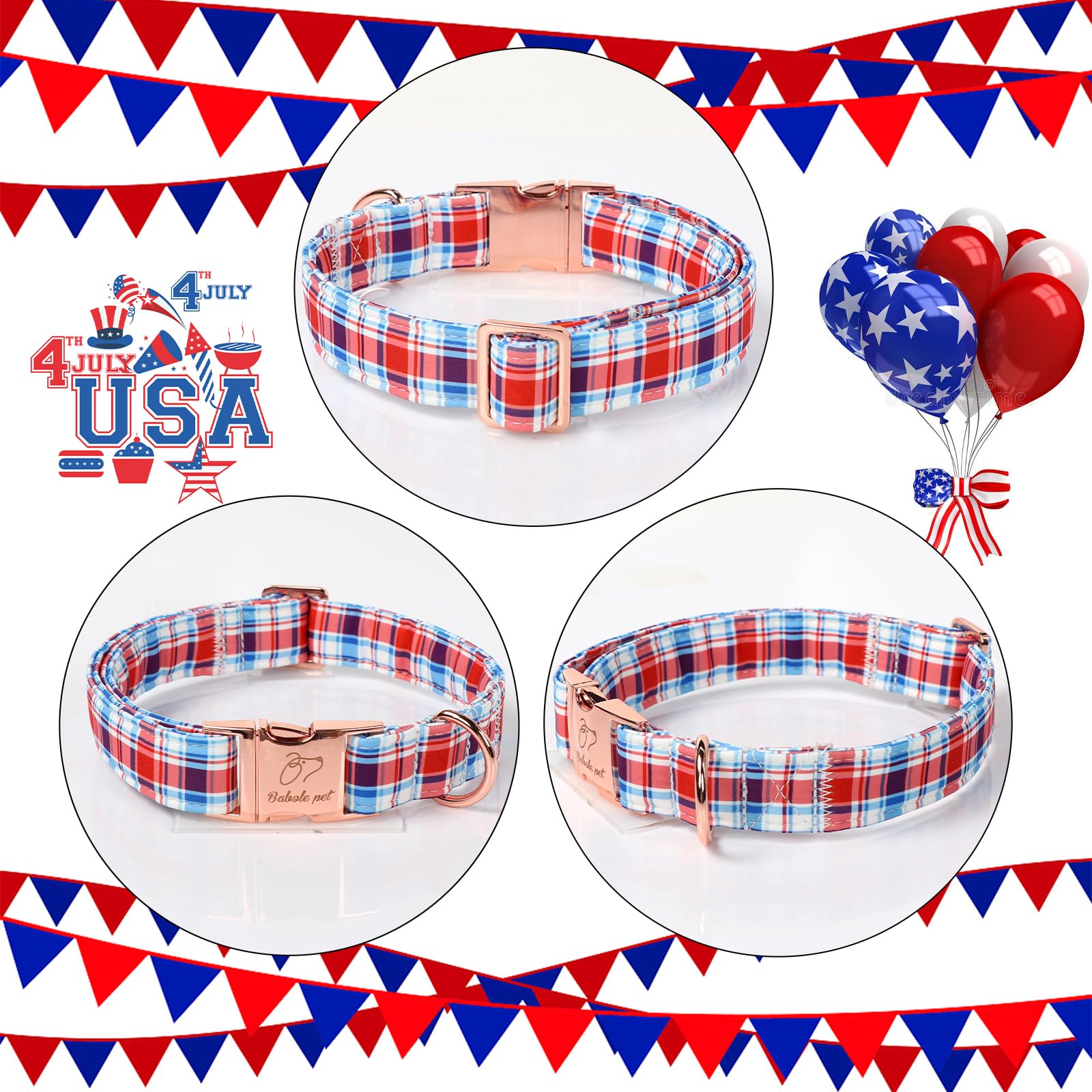 Babole Pet Adjustable Plaid Boy Dog Collar - Classic Boy Dog Plaid Collars For Puppy & Tiny Dogs, Durable Red White Blue Heavy D
