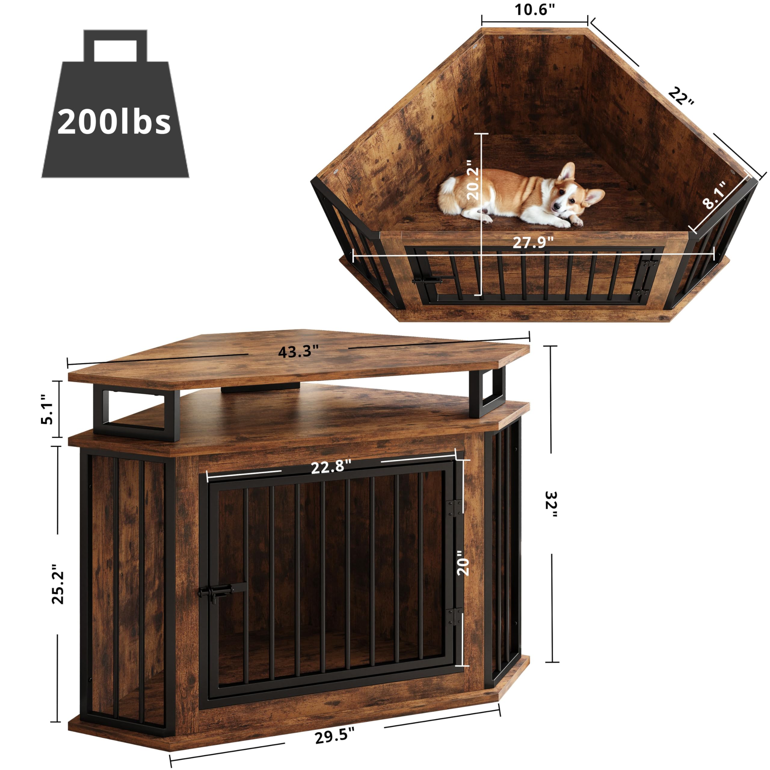 IRONCK 44 Corner Dog Crate with 2-Tier Shelves, Wooden Dog Kennel Furniture, Dog Kennel Indoor Furniture for Small and Medium Do