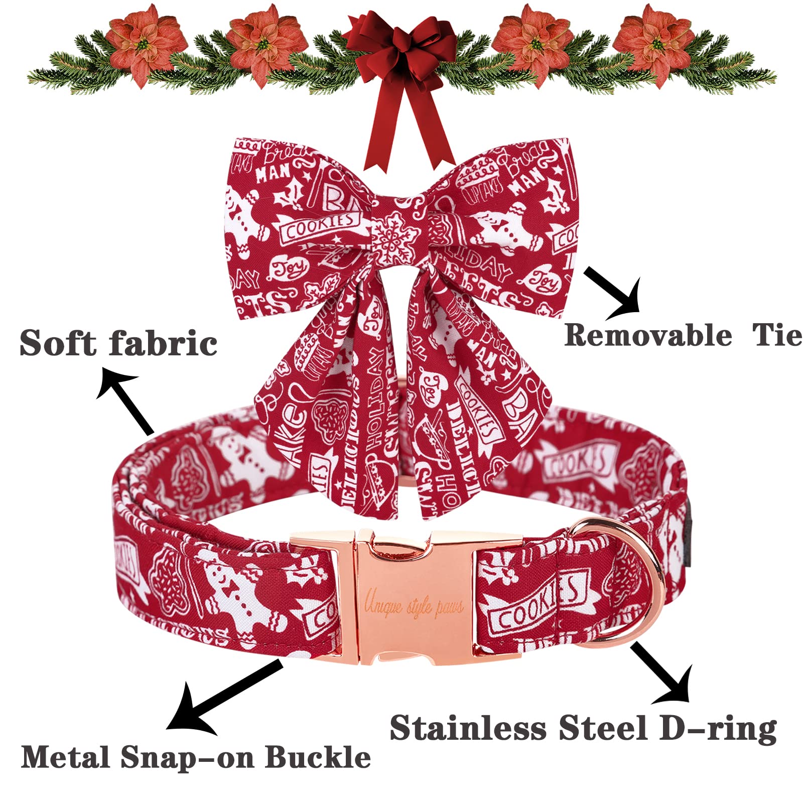 Unique Style Paws Christmas Dog Collar With Bow Tie Gingerbread & Snowman Winter Puppy Collar For Small Medium Large Dogs-Xs