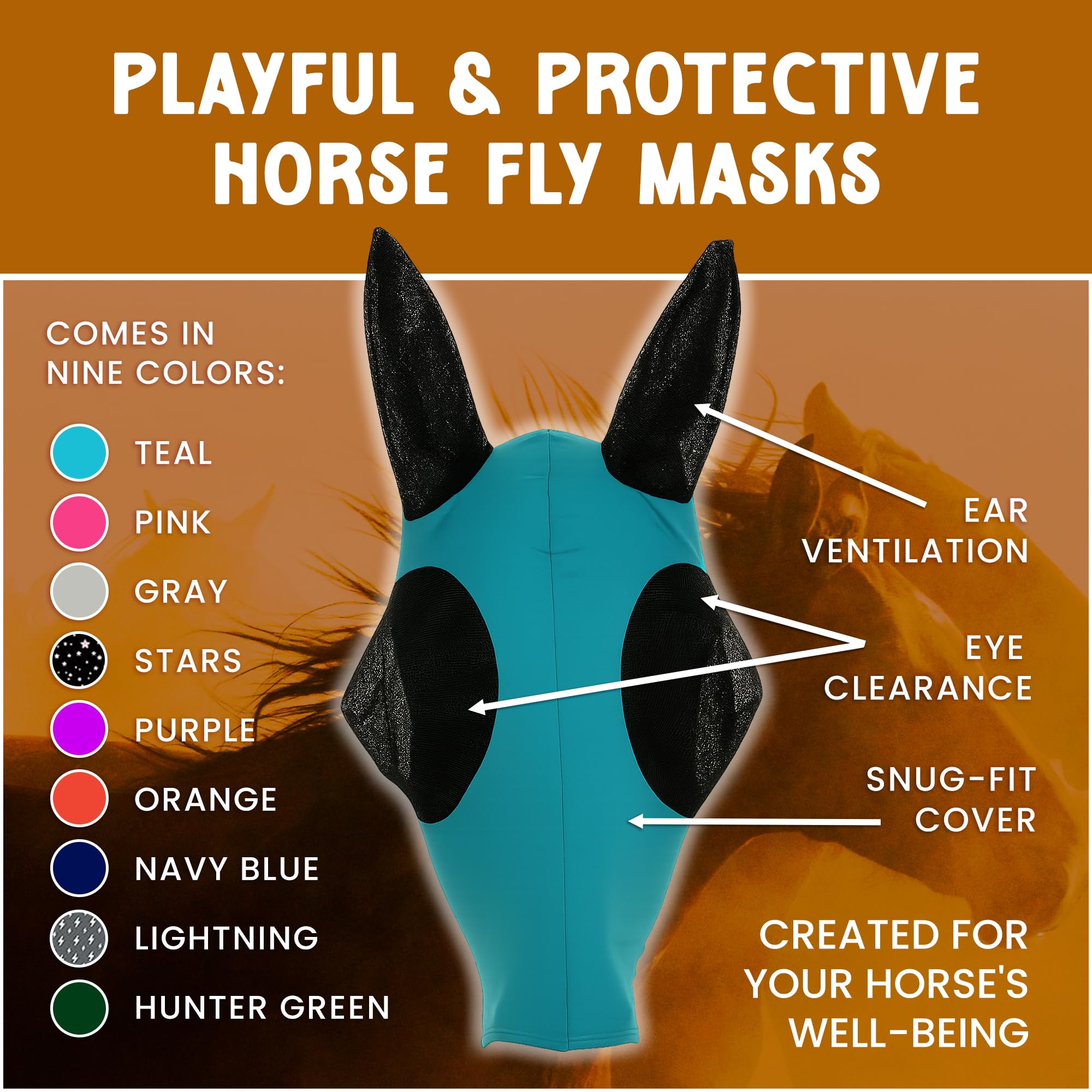 Stretchy Horse Fly Mask with Ears Comfort Fit Mesh Trail Pasture Sun UV Protection (Arab/Cob/Small Quarter, Hunter Green)