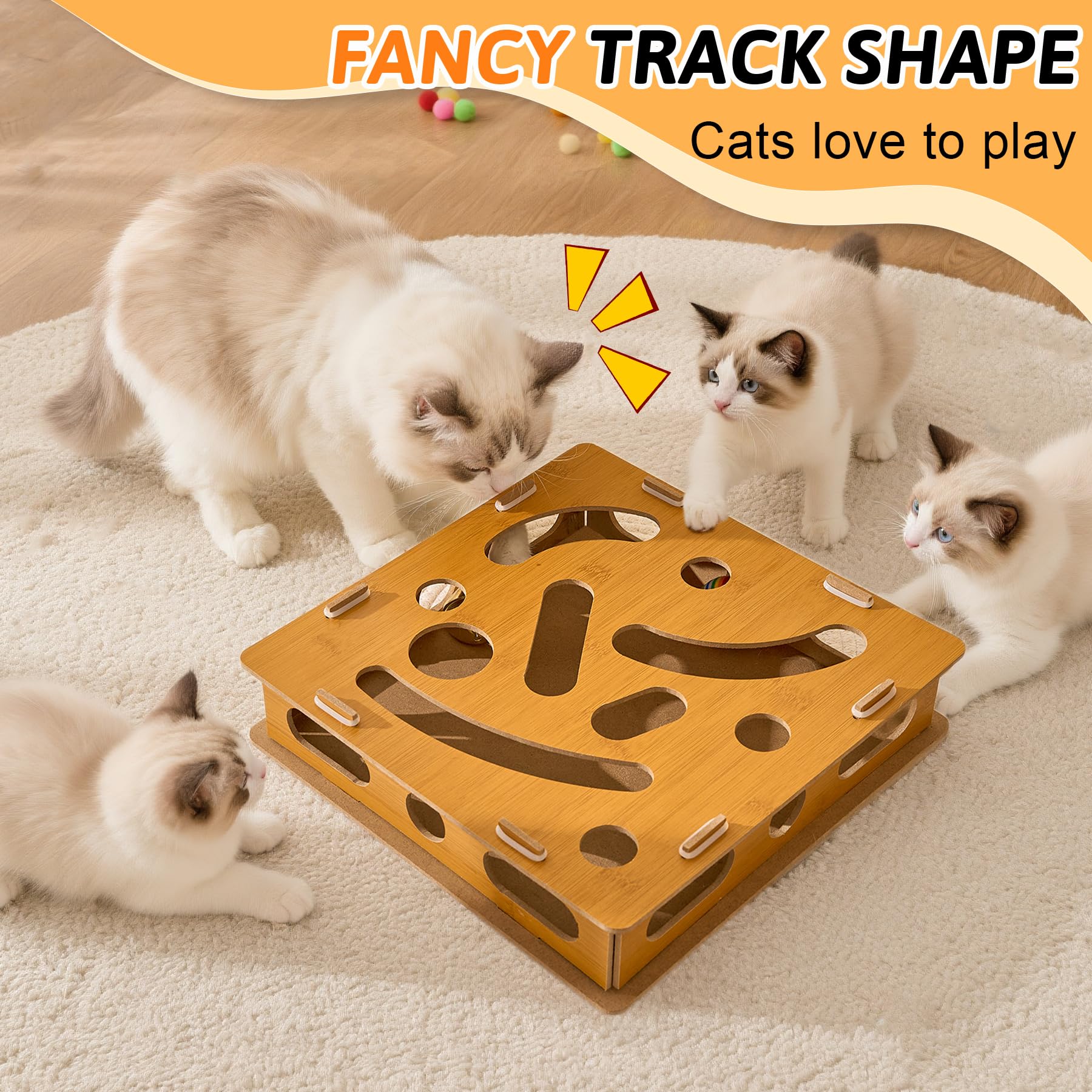 Bininl Interactive Wooden Cat Puzzle Toy with Ball and Bell,Indoor Hunting Play Toy to Stimulate Your Cats Energy and Instincts,