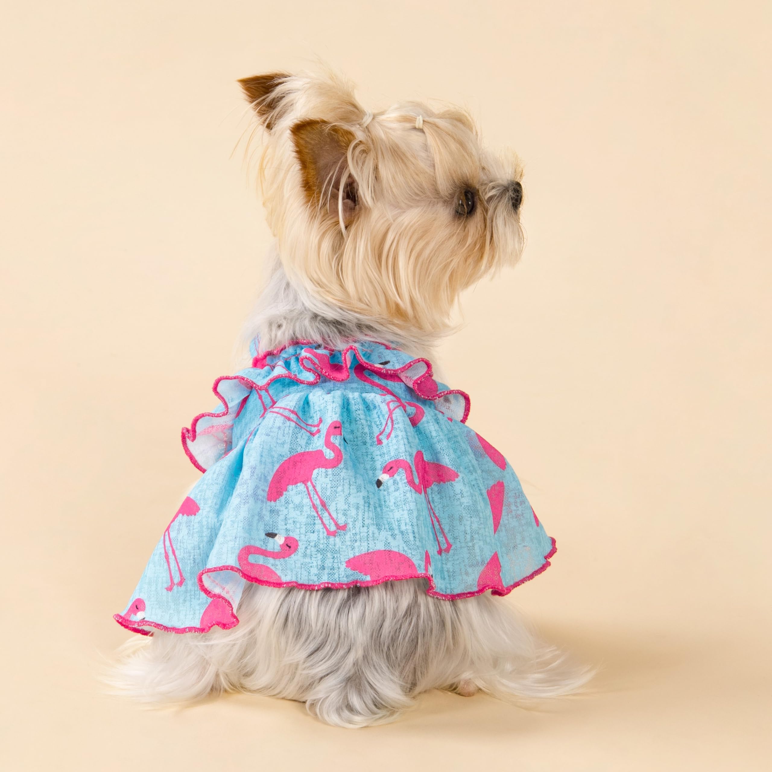 Fitwarm Flamingo Dog Dress - Summer Ruffled Hawaiian Dog Sundress, Girl'S Pet Outfit, Blue & Pink, Xxs