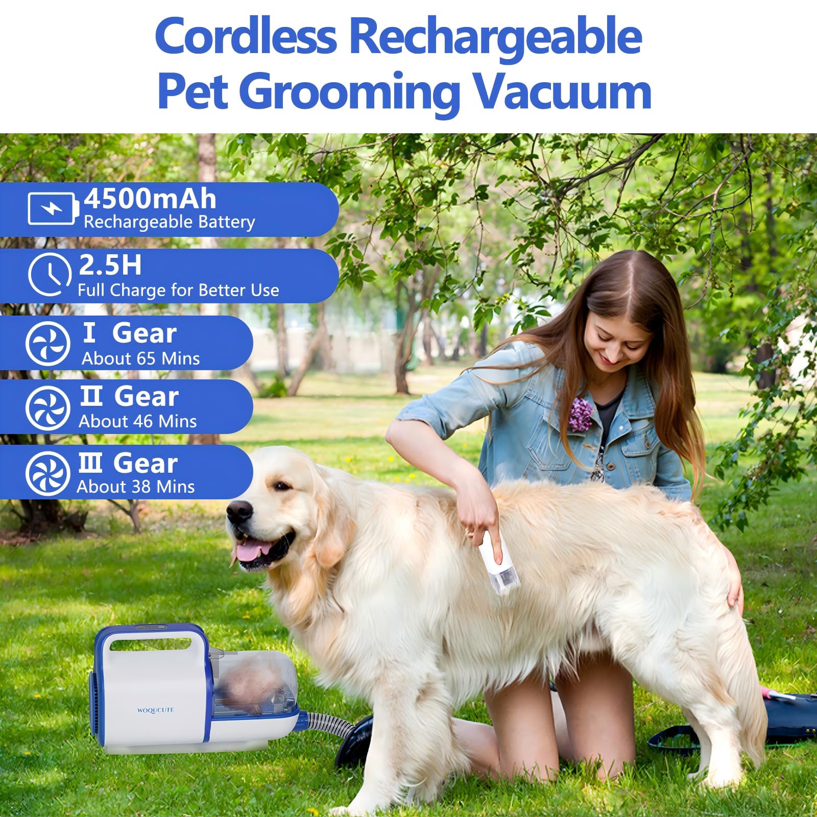 Woqucute Cordless Dog Grooming Vacuum Kit, 11000Pa Dog Vacuum For Shedding Grooming With Clipper, Trimmer, Nail Grinder, Low Noi