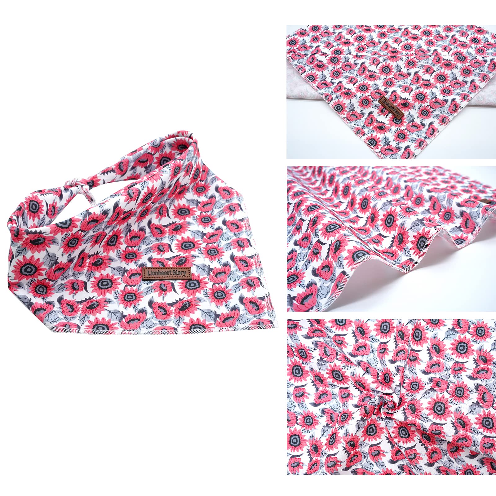 Lionheart Glory Pink Flower Dog Bandana 1 Pack Washable Soft Dog Scarf, Square Adjustable Dog Bandanas For Medium Large Dogs