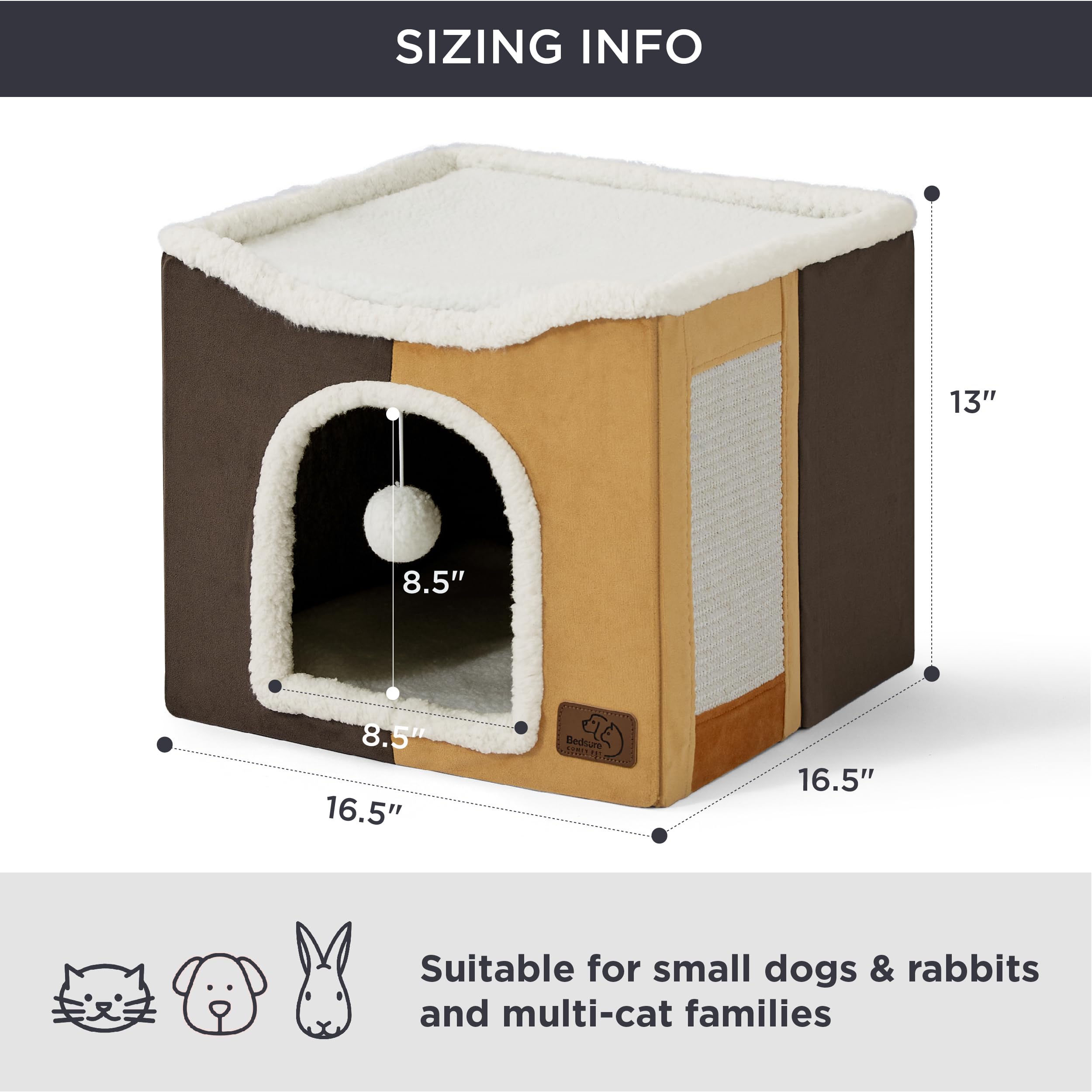 Bedsure Cat Beds For Indoor Cats - Large Cat Cave For Pet Cat House With Fluffy Ball Hanging And Scratch Pad, Foldable Cat Hideaway,16.5X16.5X13 Inches, Burnt Honeycomb