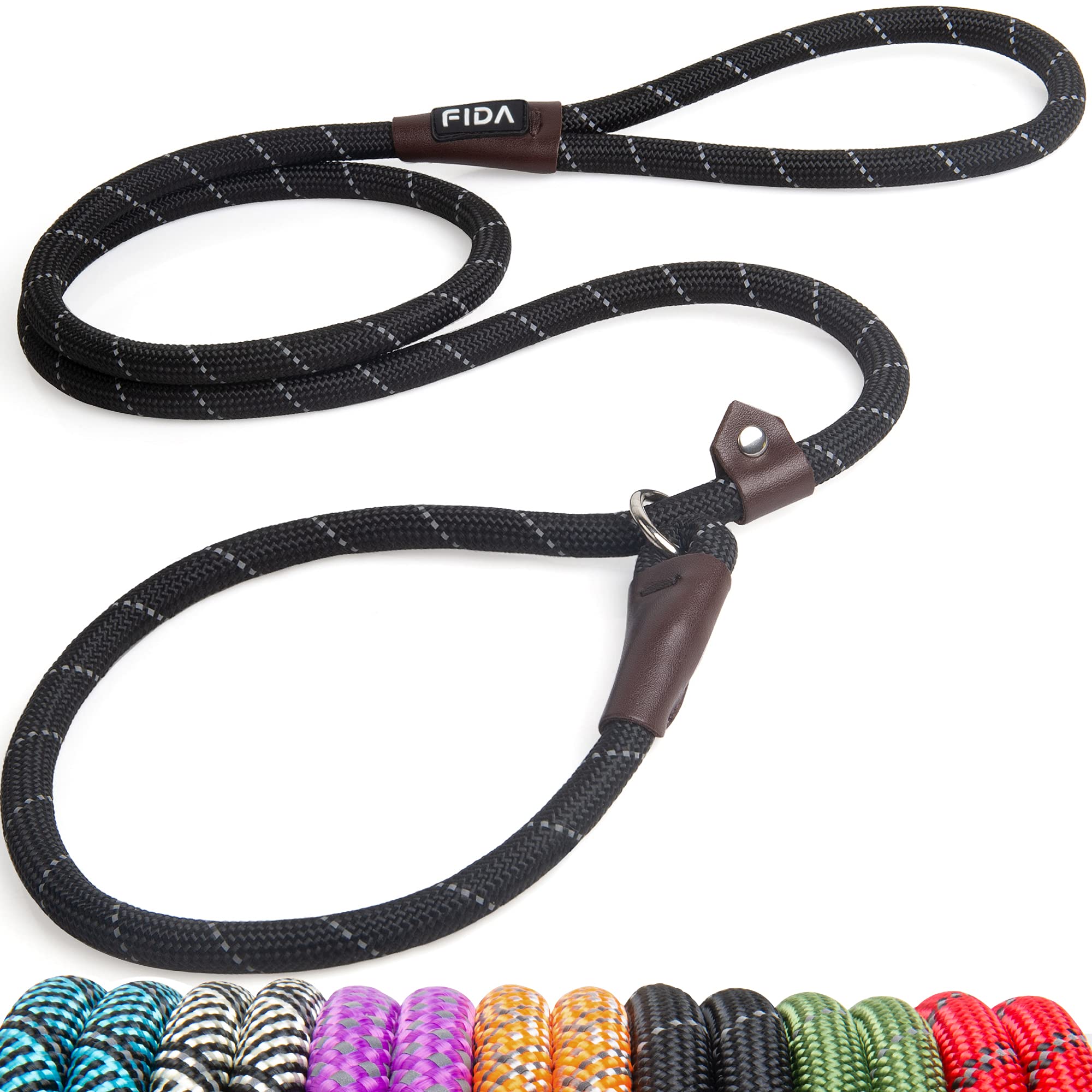 Fida Durable Slip Lead Dog Leash, 6 Ft X 1/2' Heavy Duty Comfortable Strong Rope Leash For Large, Medium Dogs, No Pull Pet Training Leash With Highly Reflective, Black