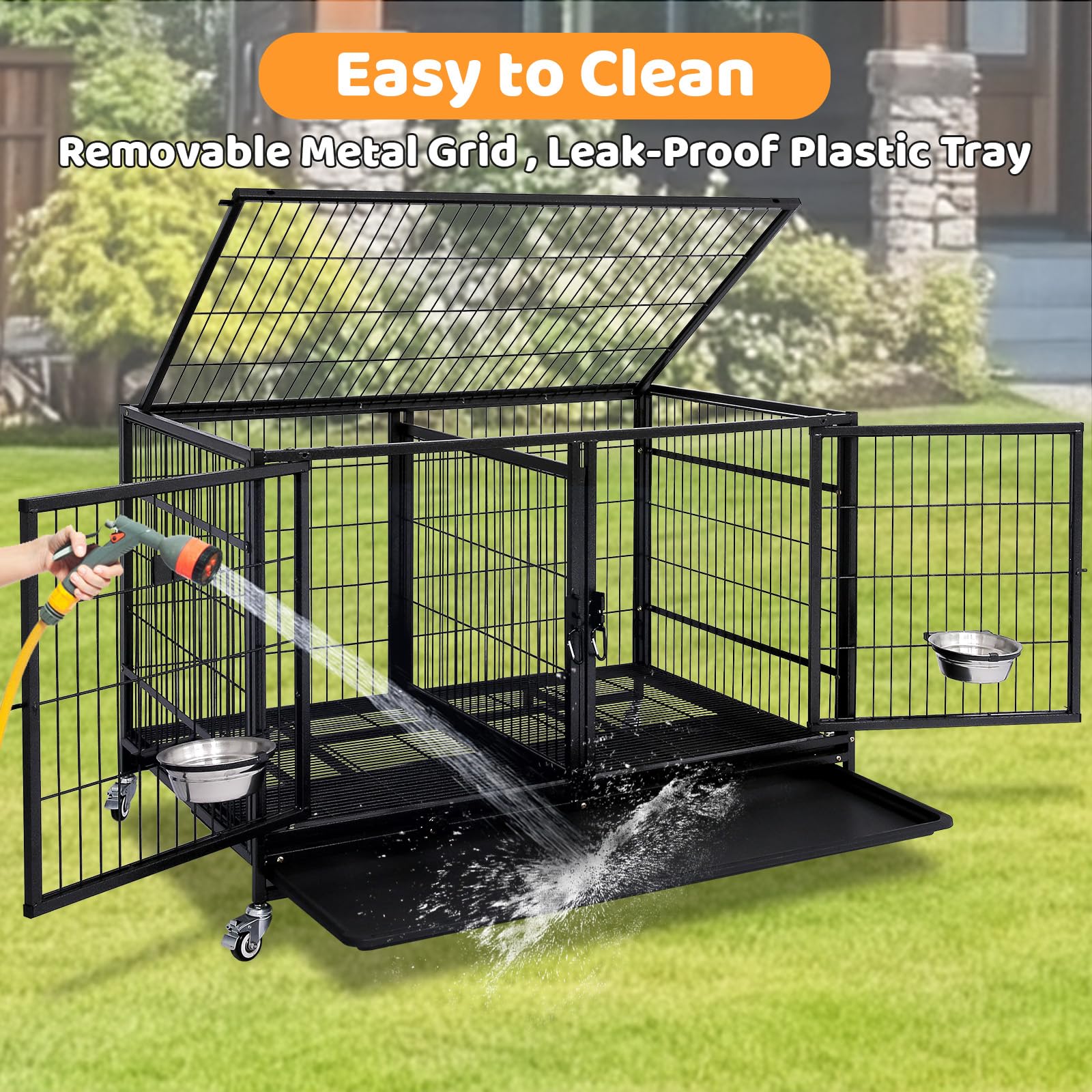 Homey Pet 43 inch Dog Crate Stackable Heavy Duty Dog Kennel Indoor Dog Grooming Cage with Detachable Divider, Removable Tray, Wh