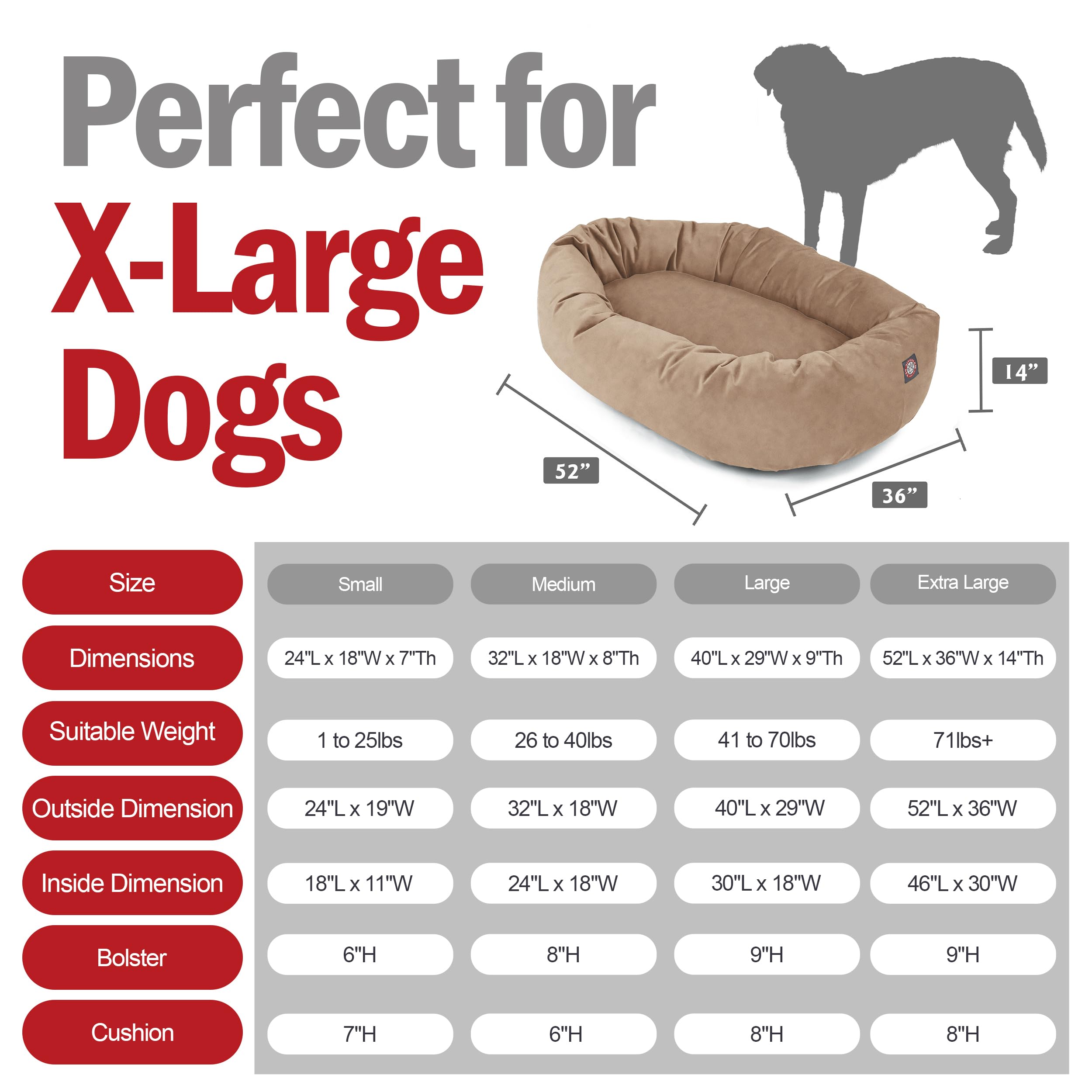 Majestic Pet 52 Inch Suede Shredded Memory Foam Mix Calming Extra Large Dog Bed Washable 52 x 35 x 11 (Inch) - Cozy Soft Donut R