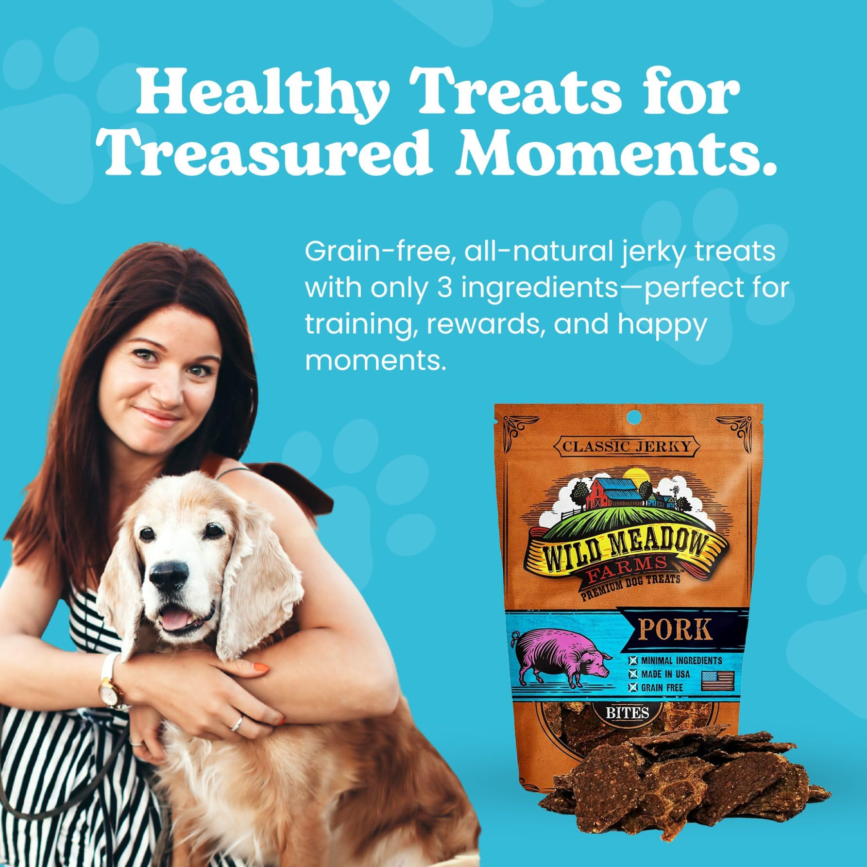 Wild Meadow Farms Classic Pork Bites - Grain-Free Soft Jerky Treats for Dogs, 3.5 Ounce Pouch, Ideal for Training & Rewards