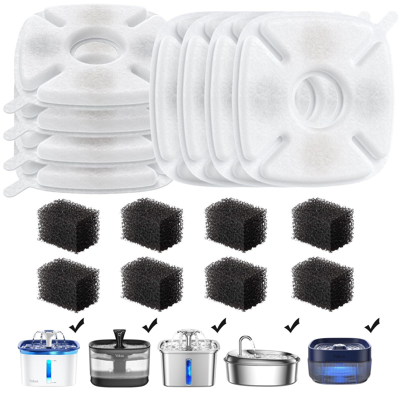 Veken 16 Pack Replacement Filters & Pre-Filter Sponges for 95oz & 67oz Pet Fountains - White & Black, Activated Carbon, Model VK052742US
