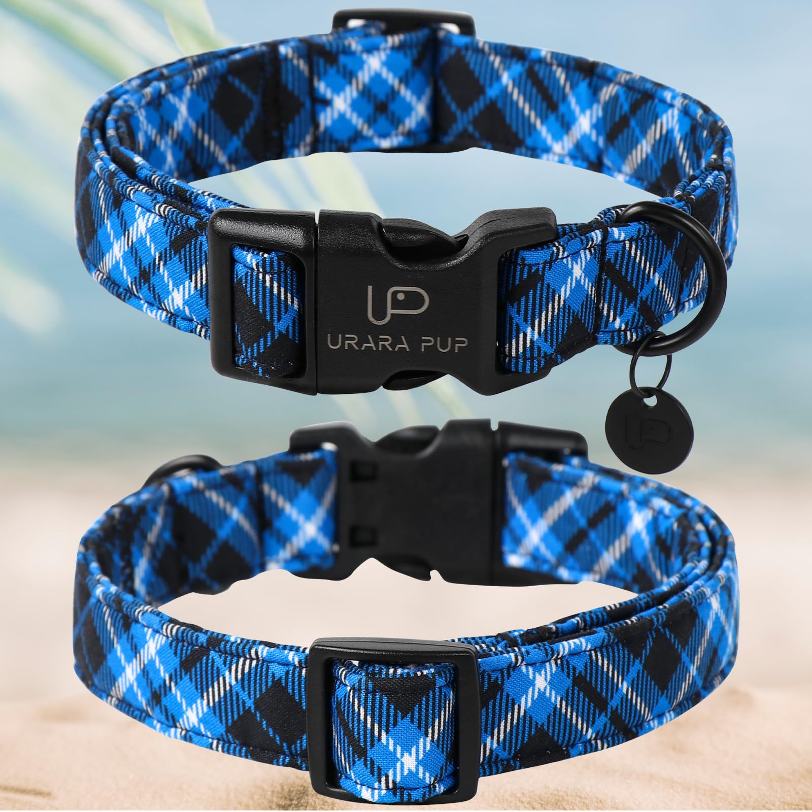 Up Urara Pup Autumn Cotton Dog Collar, Blue Plaid With Plastic Buckle, Adorable Pet Collar For Puppy, Cat Or Dog
