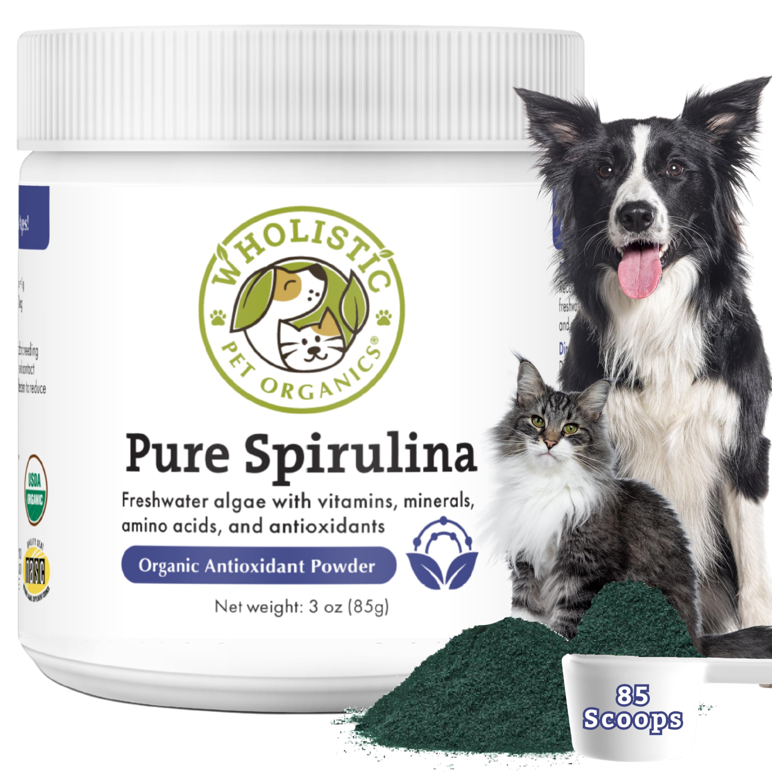 Wholistic Pet Organics Spirulina Powder for Dogs and Cats - Antioxidant Support for Dogs and Cats - Immune Support Supplement, P