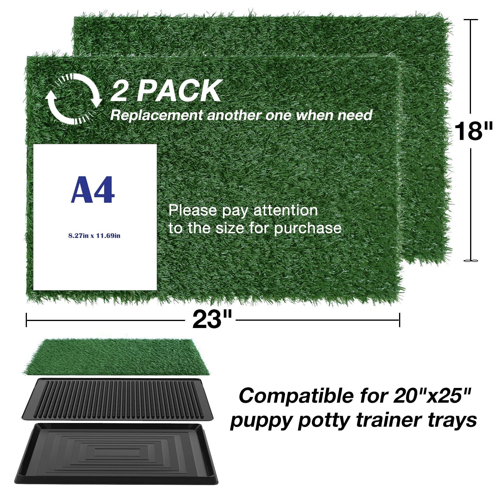 Globreen Dog Grass Pee Pad, 2 Packs Replacement Artificial Grass Patch For Potty Tray, Reusable Puppy Training Turf Mat, High Dr