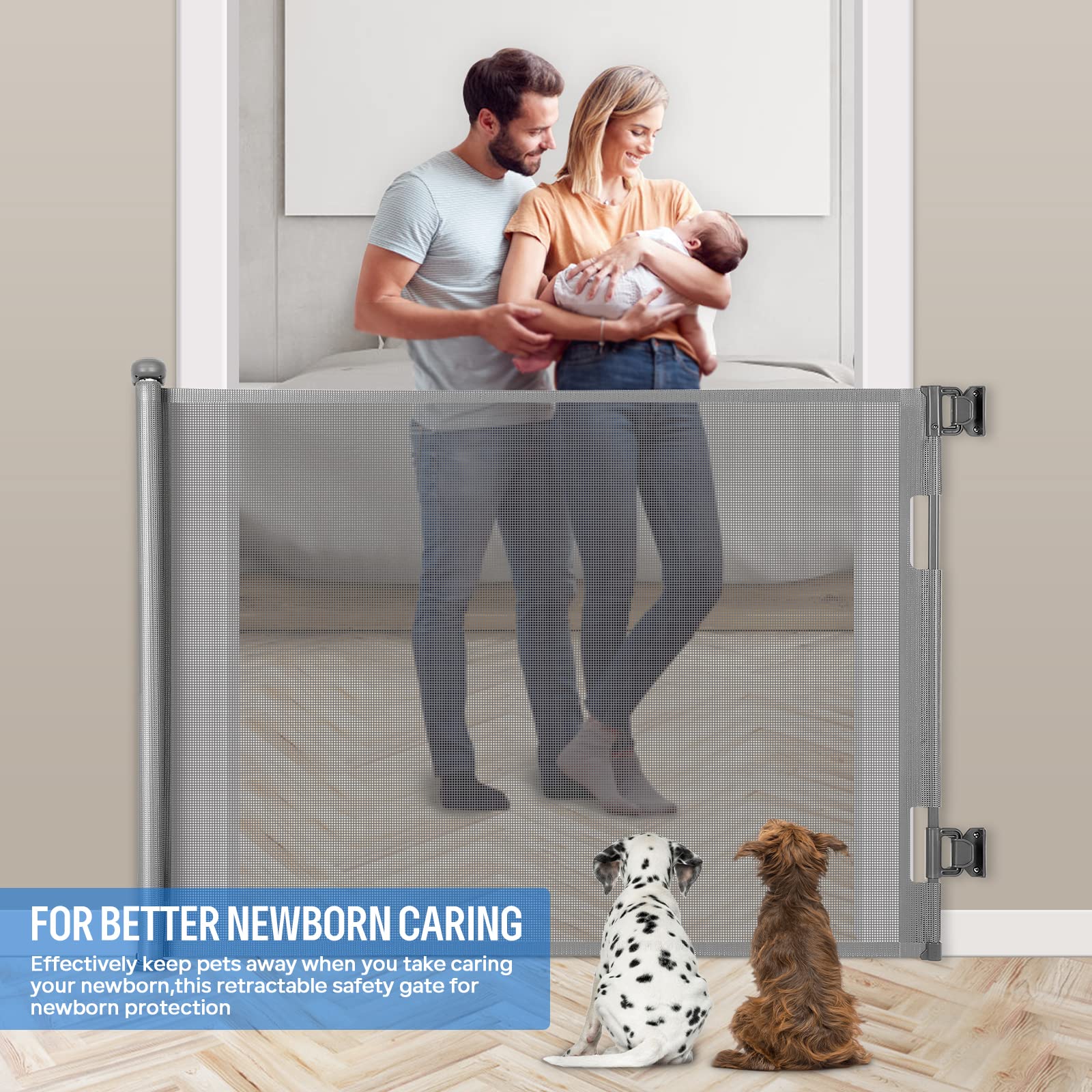 Retractable Baby Gate, Extra Wide Safety Kids Or Pets Gate, 33?Tall, Extends To 55?Wide, Mesh Safety Dog Gate For Stairs, Indoor, Outdoor, Doorways, Hallways, Easy To Wipe(Grey)