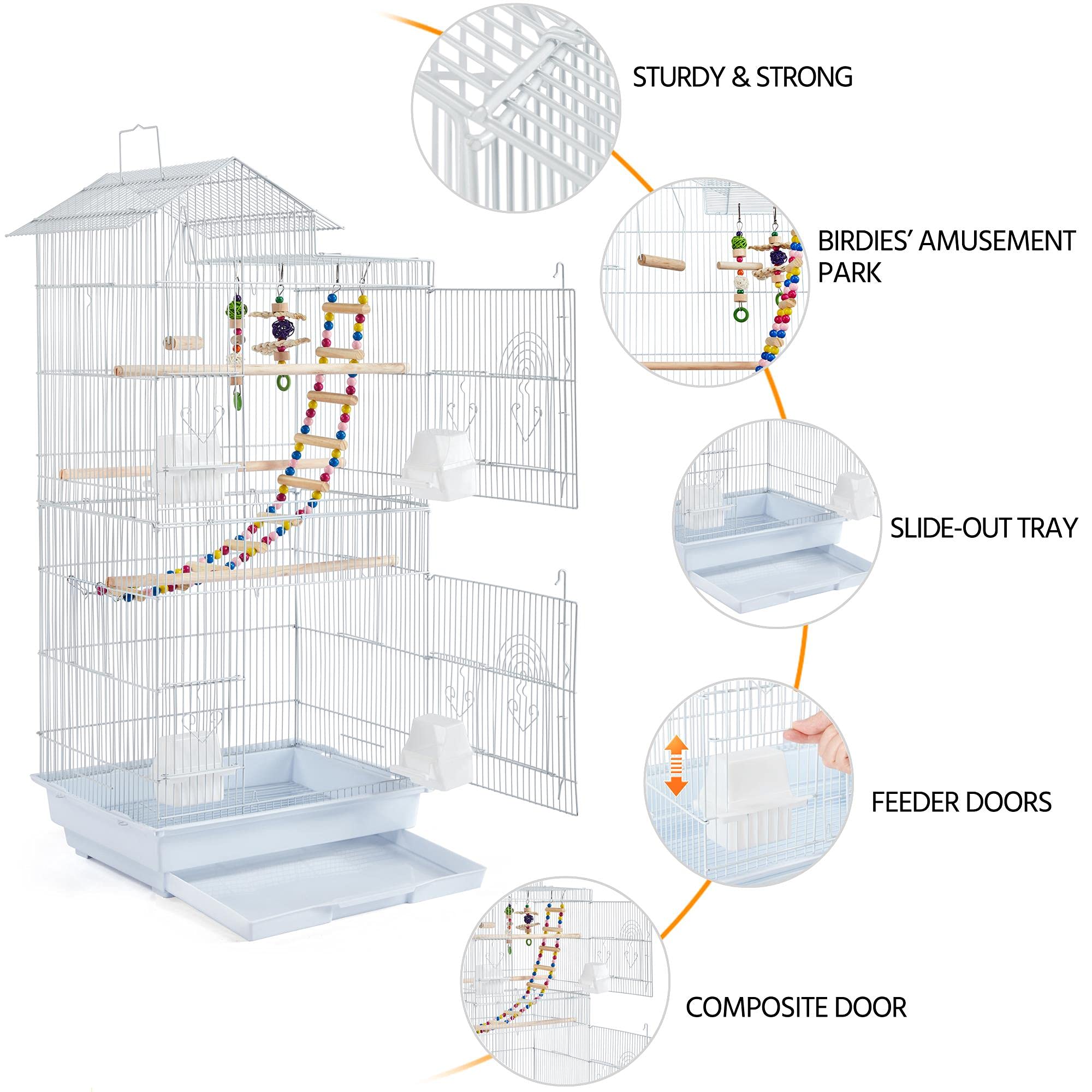 Yaheetech 39-Inch Roof Top Medium Parakeet Bird Cages For Cockatiels Conures Finches Budgies Canaries Lovebirds Parakeets Green Cheek Small Birds Parrots, Travel Flight Birdcage W/Toys, White