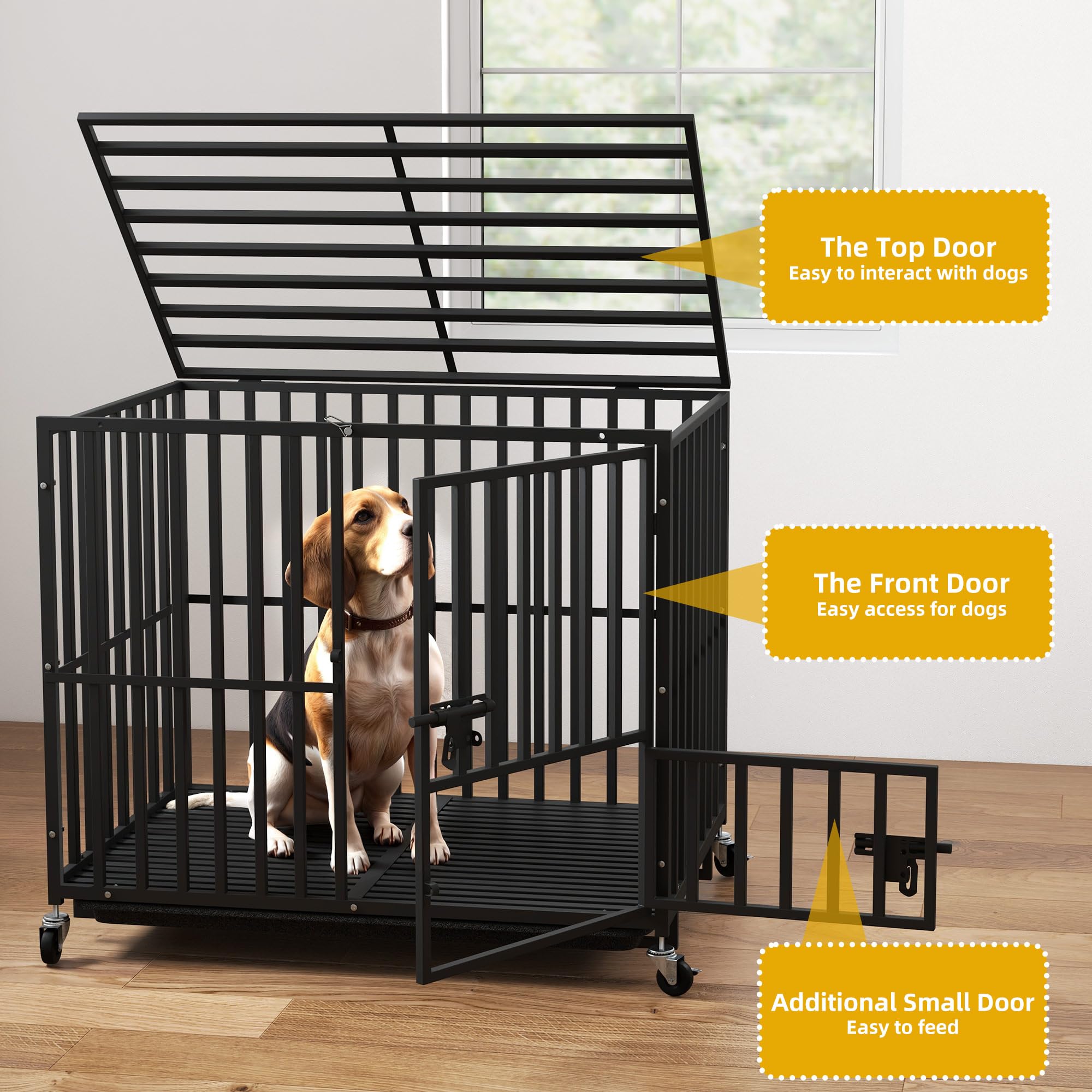 DWVO Heavy Duty Dog Crate, 38 Inch Escape-Proof Dog Cage Indoor Kennel for Medium Small Dogs with Lockable Wheels, 3-Door Design