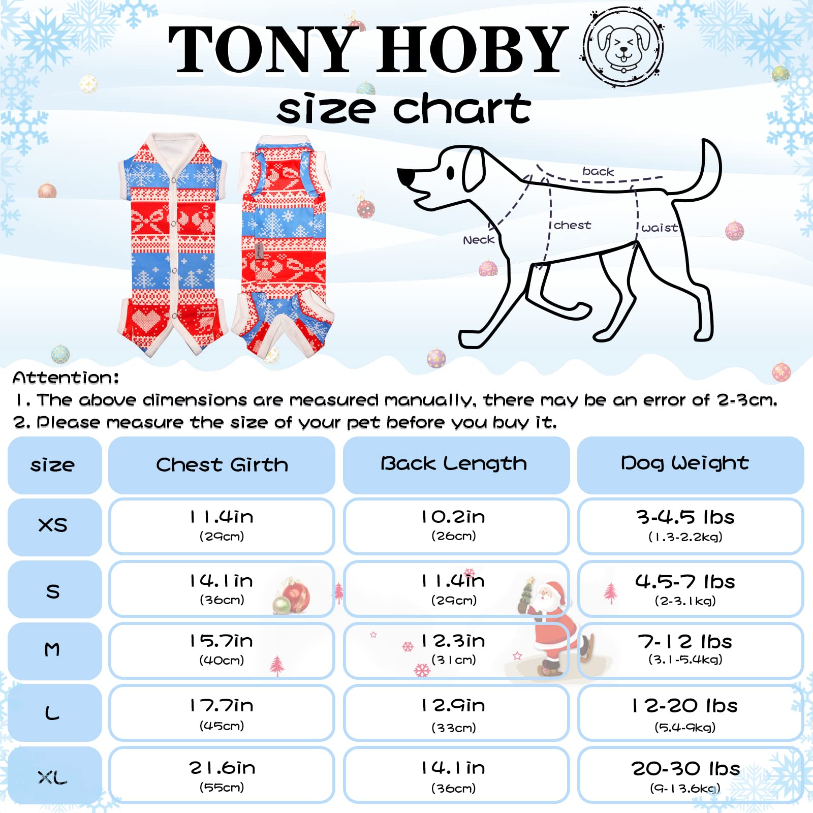 TONY HOBY Dog Pajamas, Dog Jumpsuit with Snoeflake Pattern, Warm Dog Shirts for Small Medium Dog (Red&White, Girl, XL)