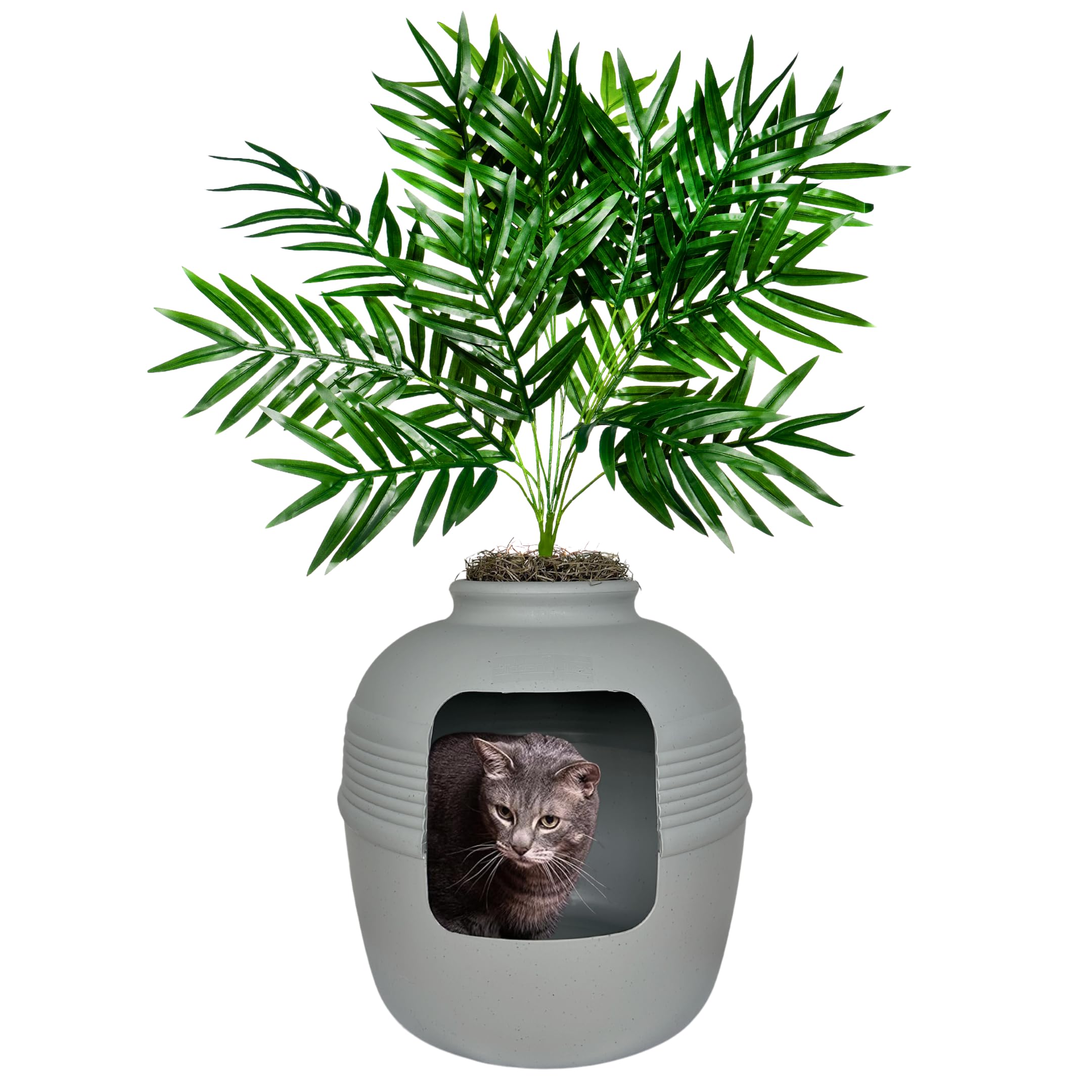 Good Pet Stuff Hidden Litter Box Base Kit, Round Enclosed Cat Planter Furniture With Fake Plant, Hooded Vented Carbon Filter System For Odor Control, Easy To Clean, Made In Usa, Stone Grey