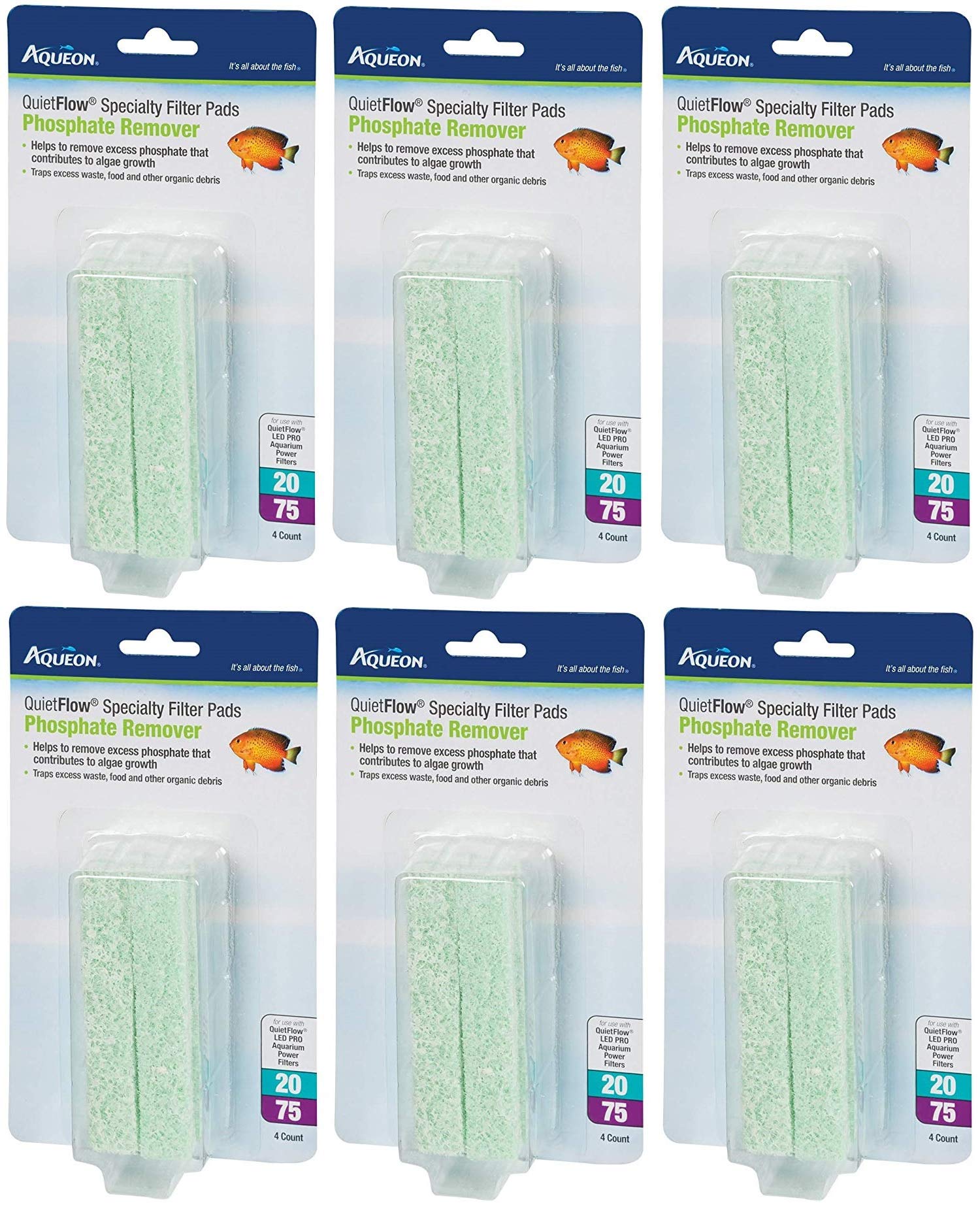 Aqueon QuietFlow Phosphate Remover Specialty Filter Pads, Size 20/75, 4 Pads Per Pack (24 Count)