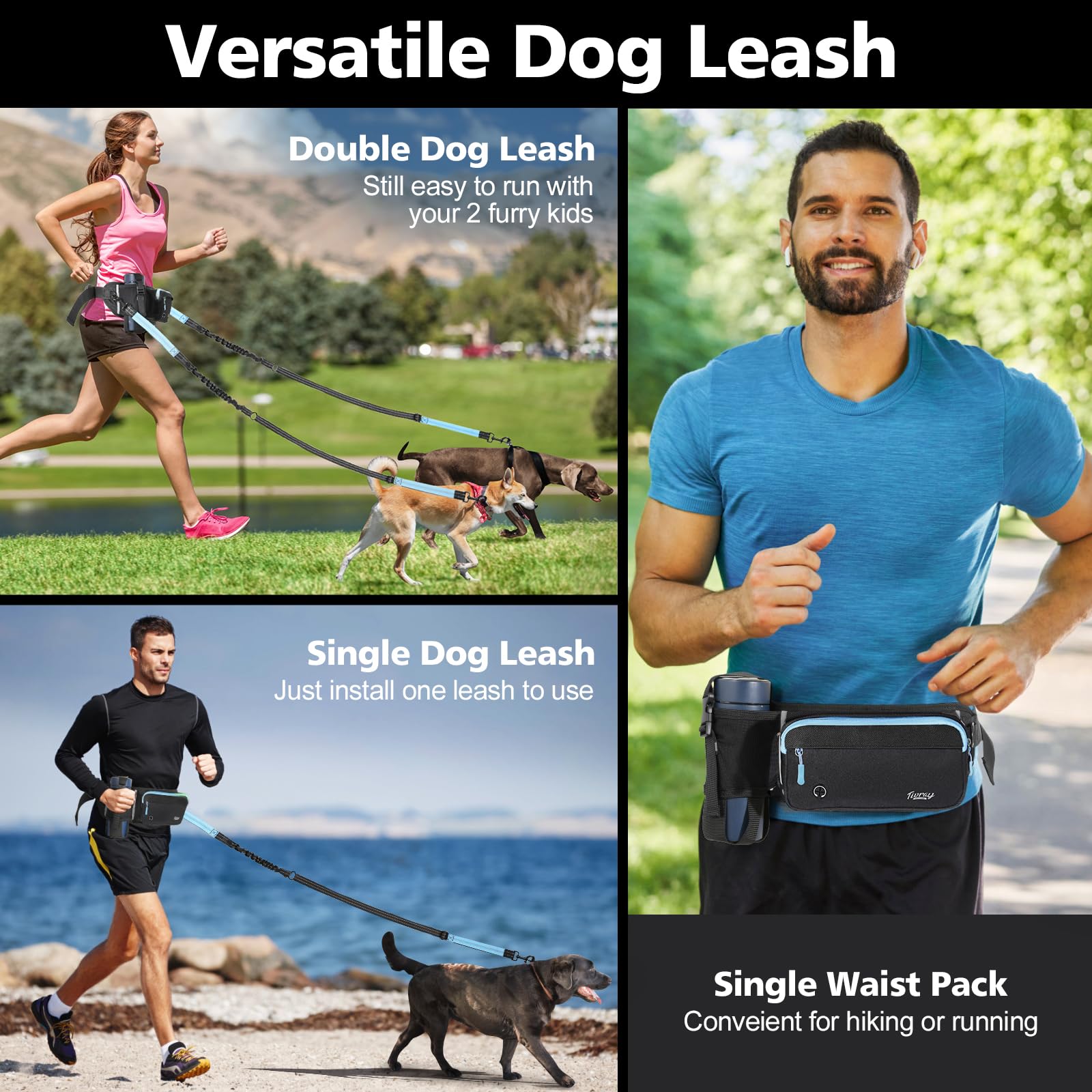 Tivray Hands Free Dog Leash 2 Dogs, Adjustable Waist Leash for Dog Walking with Dual Bungees Padded Handle, Shock Absorbing Hand