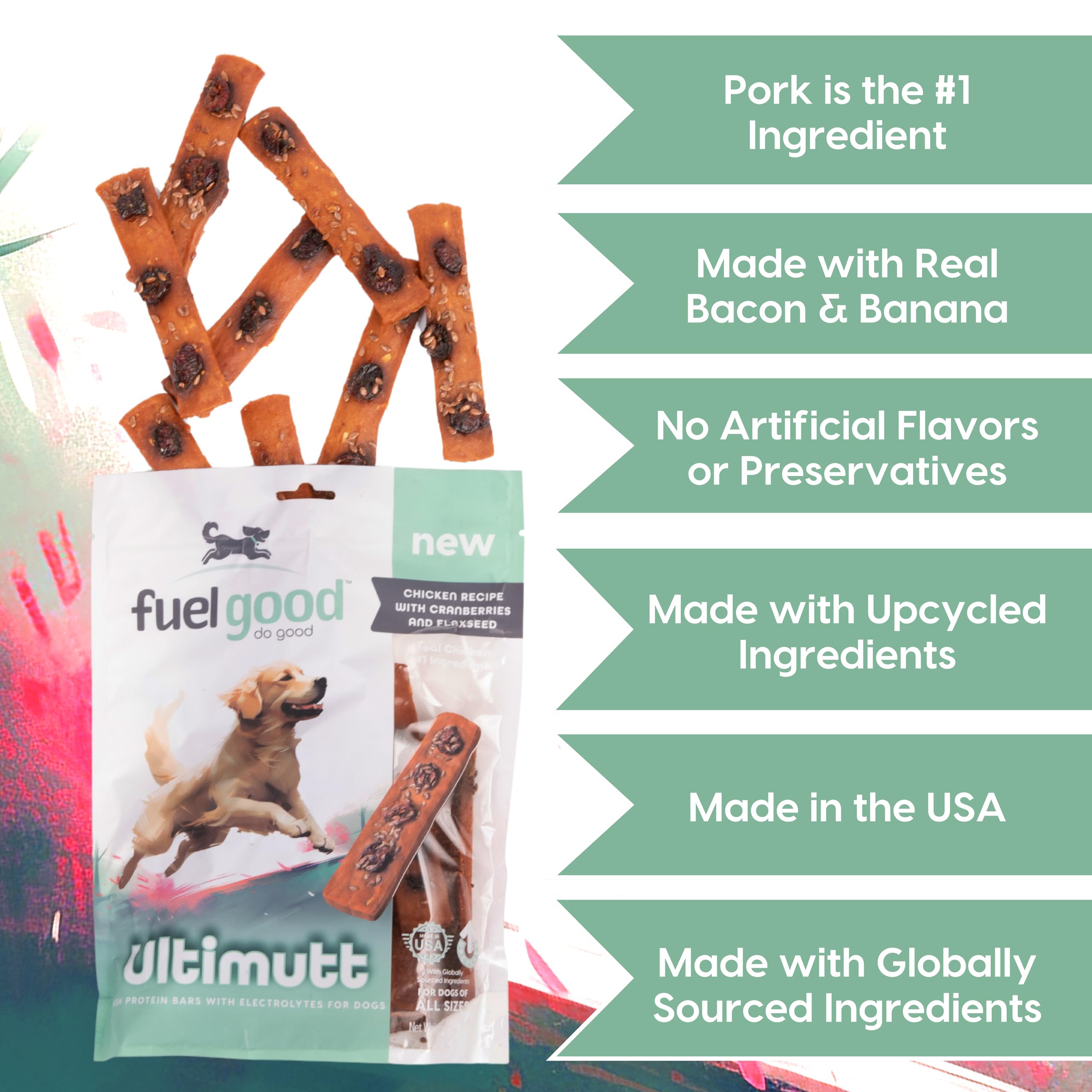 Fuel Good Ultimutt High Protein Bars with Electrolytes - Chicken Recipe with Cranberries and Flaxseed High Protein Dog Treats -