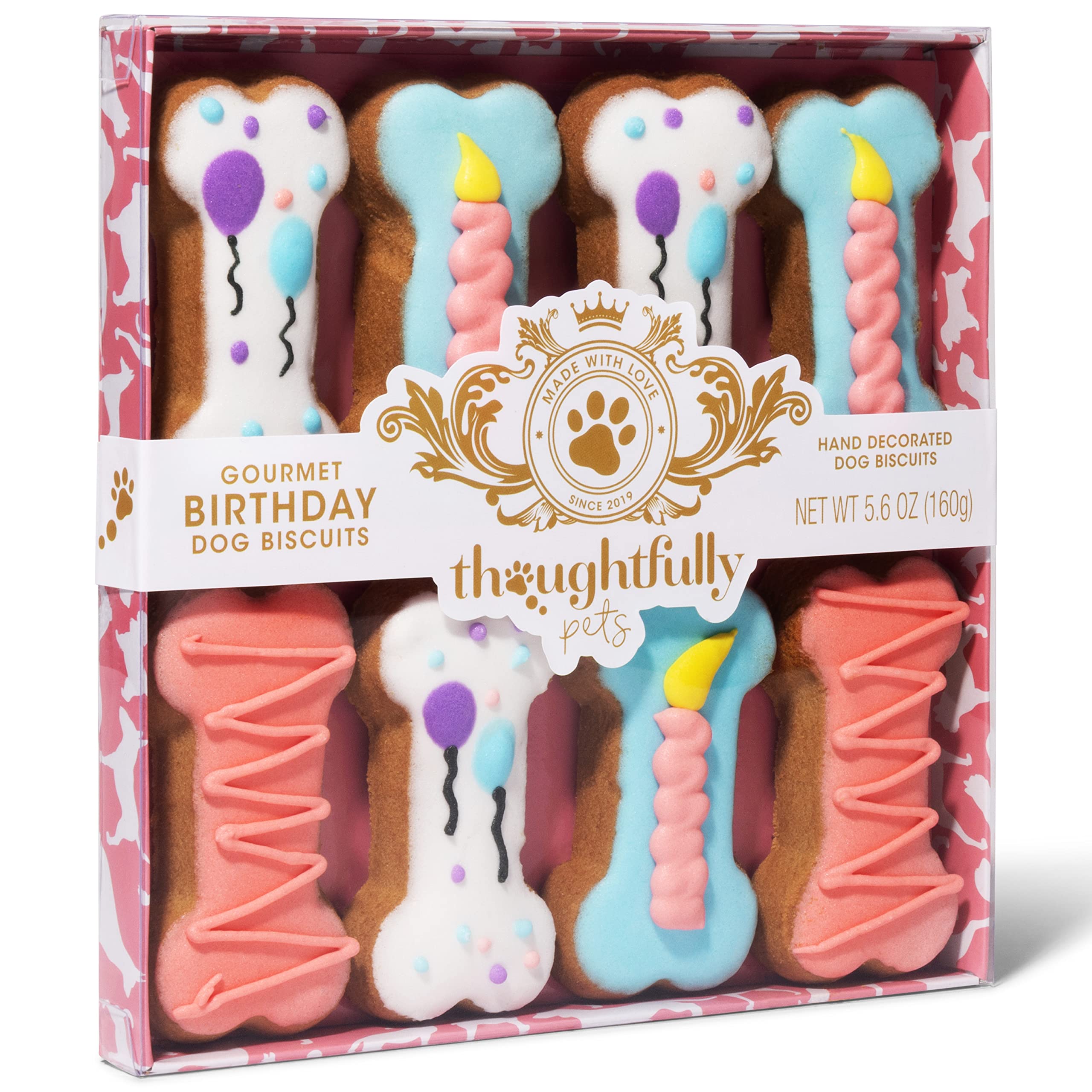 Thoughtfully Pets, Dog Birthday Cookie Gift Set, Hand Decorated Crunchy Treats in Bone Shapes, Great for Birthdays, Set of 8