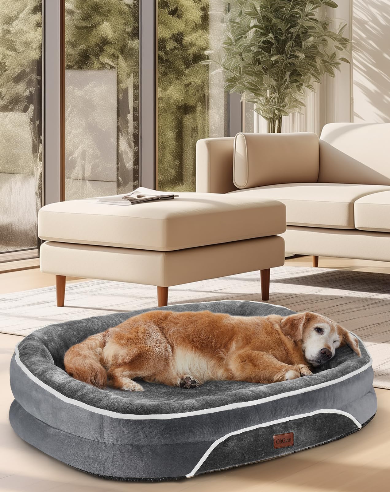 Ohgeni Orthopedic Dog Bed Couch For Large Sized Pets With Egg Foam Support, Four-Sided Bolster Cushions, Soft Tear-Resistant Fabric, And Removable Machine Washable Plush Cover 35-Inch (Gray)