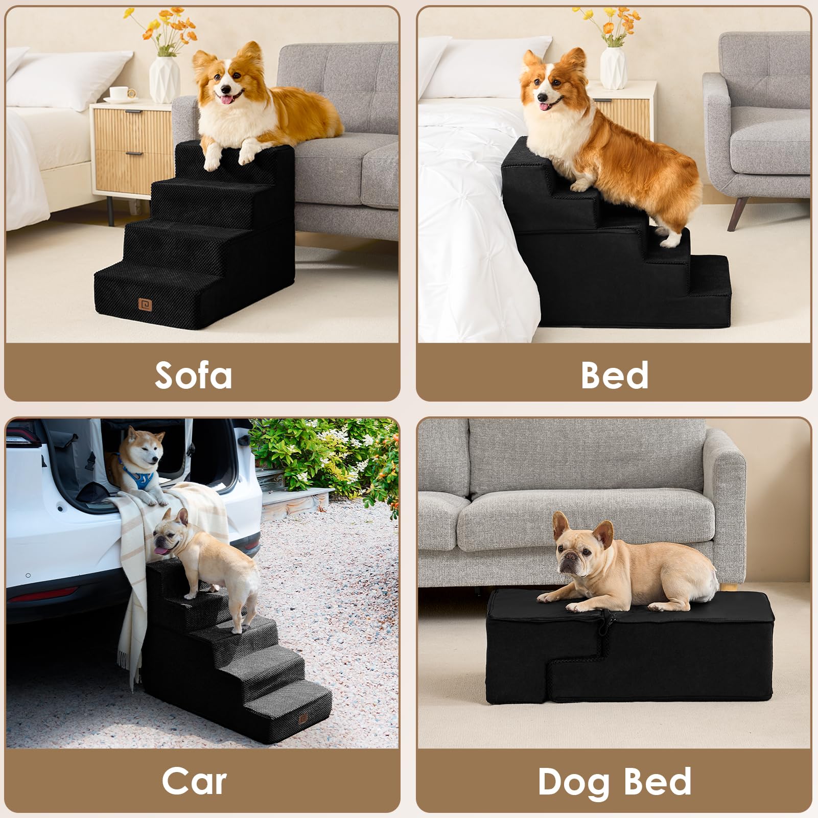 Eheyciga Dog Stairs For Small Dogs 13.5' H, 3-Step Dog Steps For Couch Sofa And Chair, Pet Steps For Small Dogs And Cats, Non-Slip Balanced Dog Indoor Ramp, Black