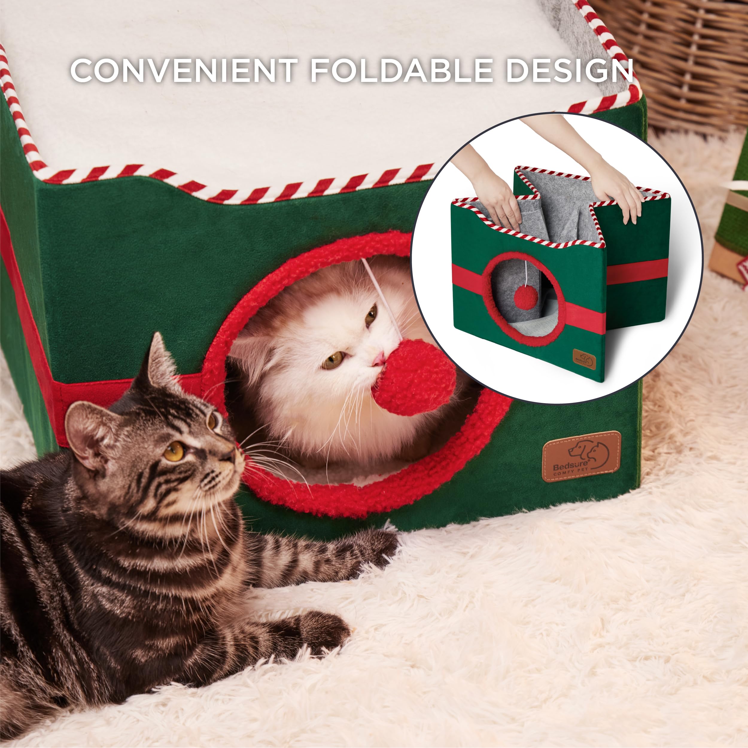 Bedsure Cat Beds For Indoor Cats - Large Cat Cave For Pet Cat House With Fluffy Ball Hanging And Scratch Pad, Foldable Cat Hideaway,16.5X16.5X13 Inches, Burnt Honeycomb